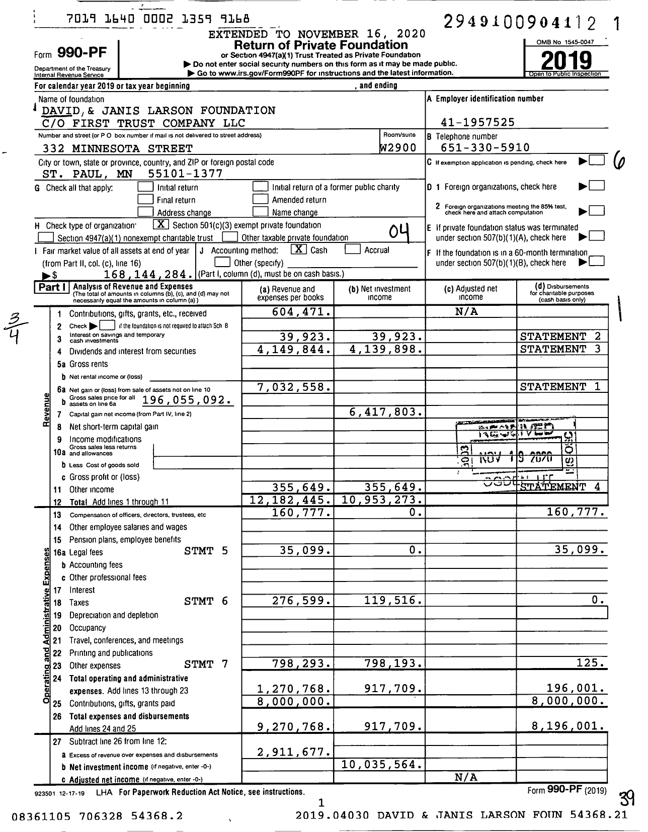 Image of first page of 2019 Form 990PF for David and Janis Larson Foundation