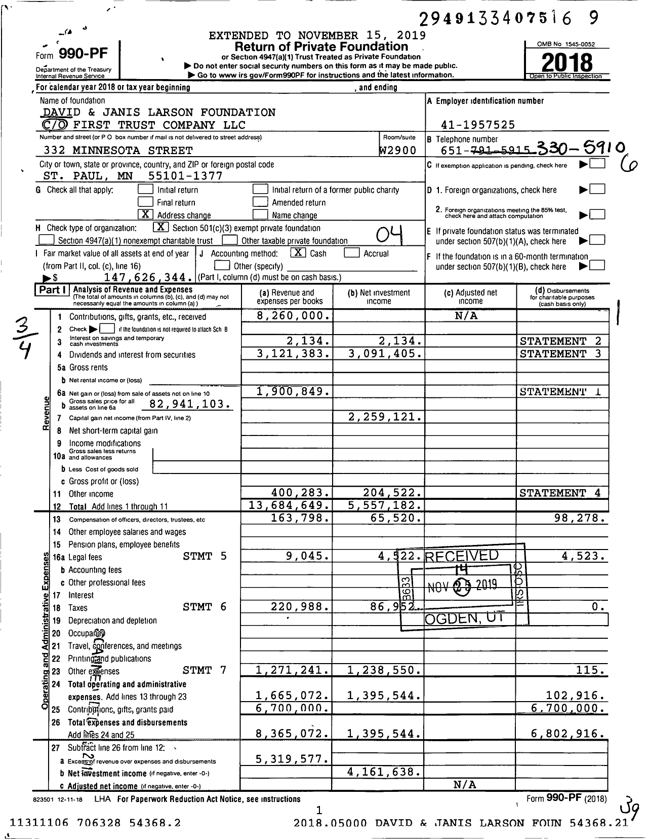 Image of first page of 2018 Form 990PF for David and Janis Larson Foundation