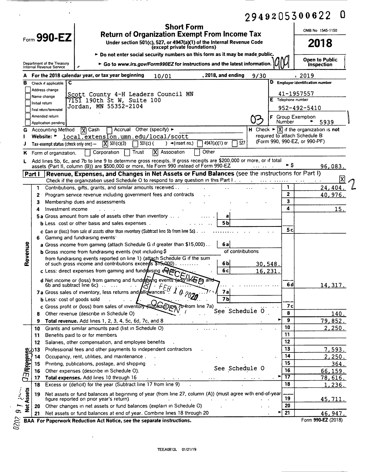 Image of first page of 2018 Form 990EZ for Scott County 4-H Leaders Council MN