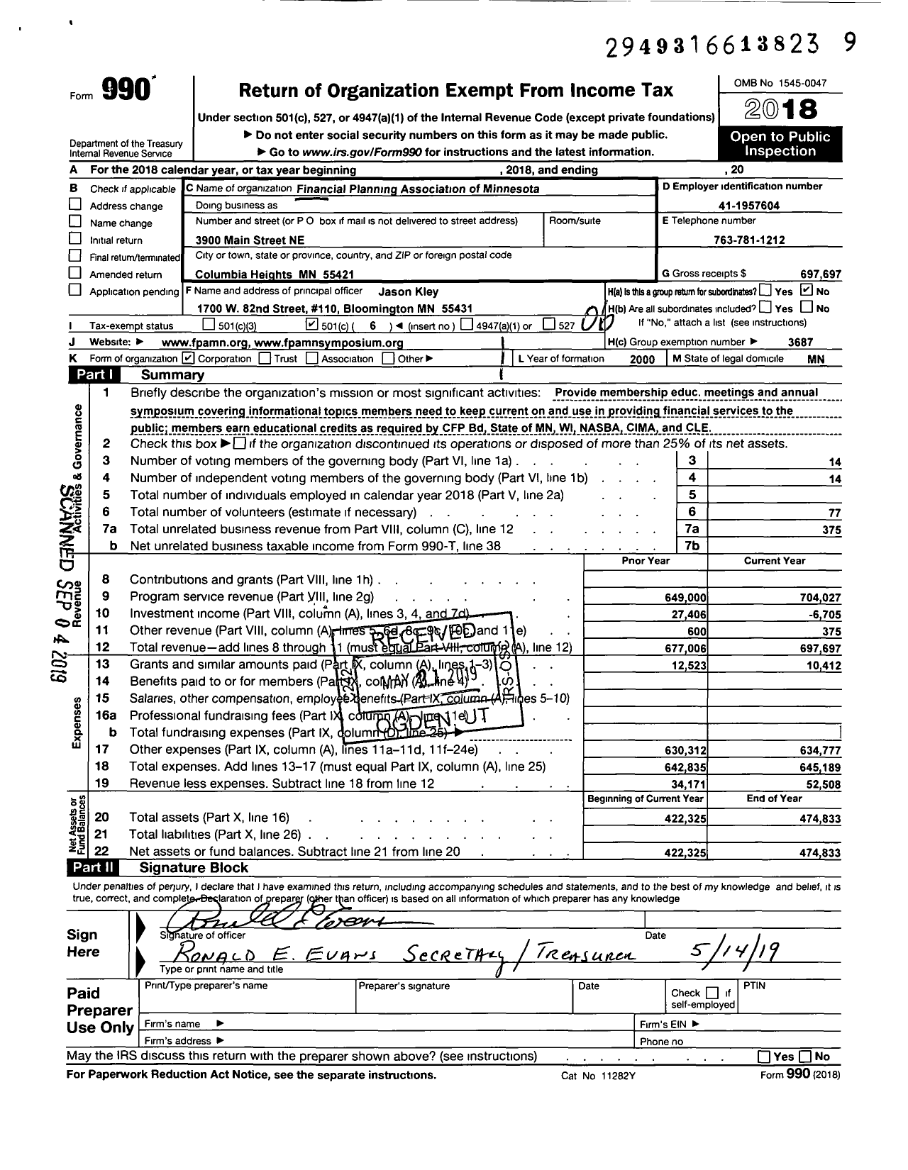 Image of first page of 2018 Form 990O for Financial Planning Association Of Minnesota