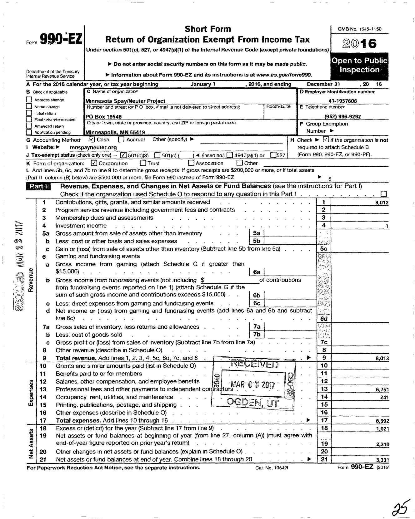 Image of first page of 2016 Form 990EZ for Minnesota Spay-Neuter Project