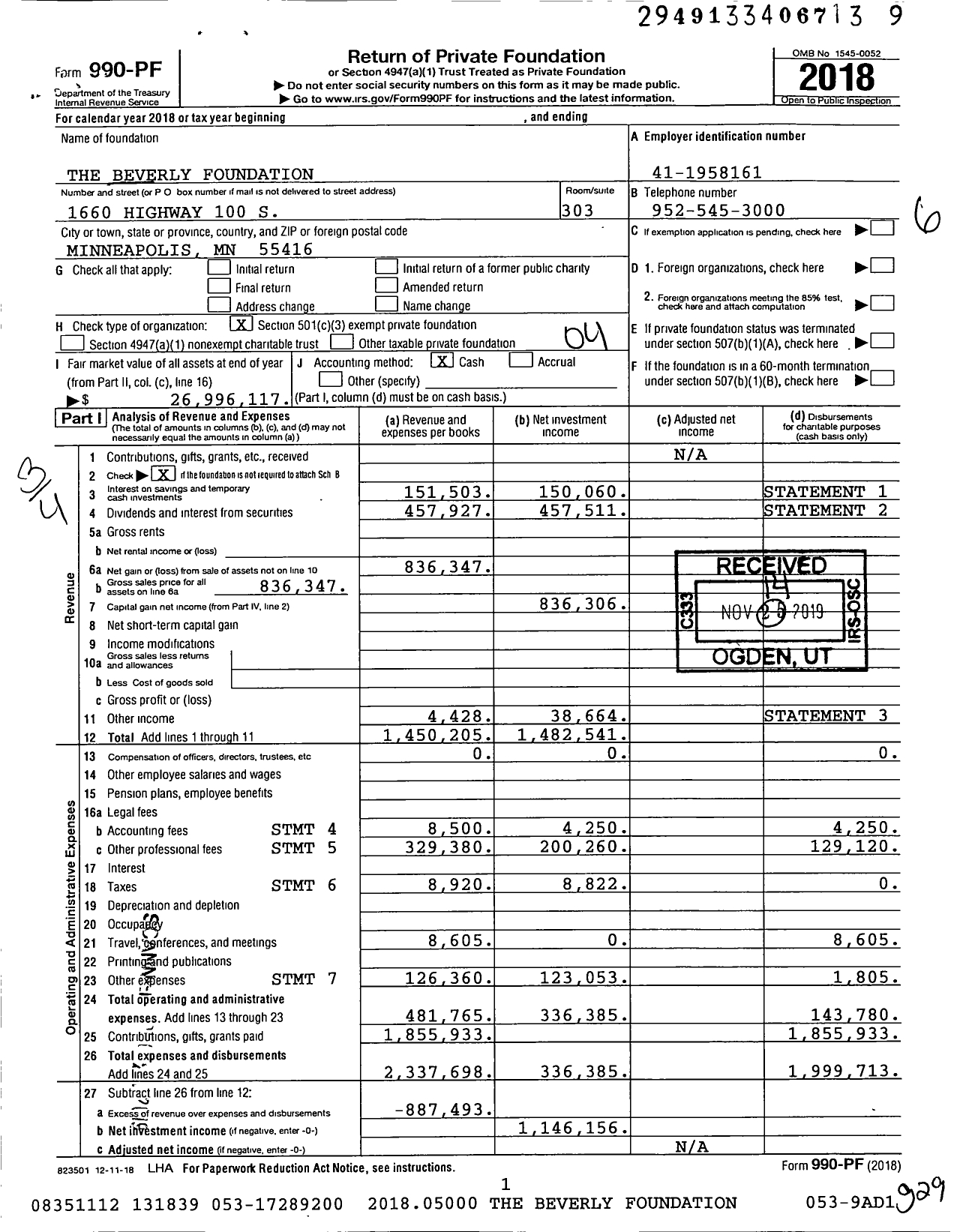 Image of first page of 2018 Form 990PF for The Beverly Foundation