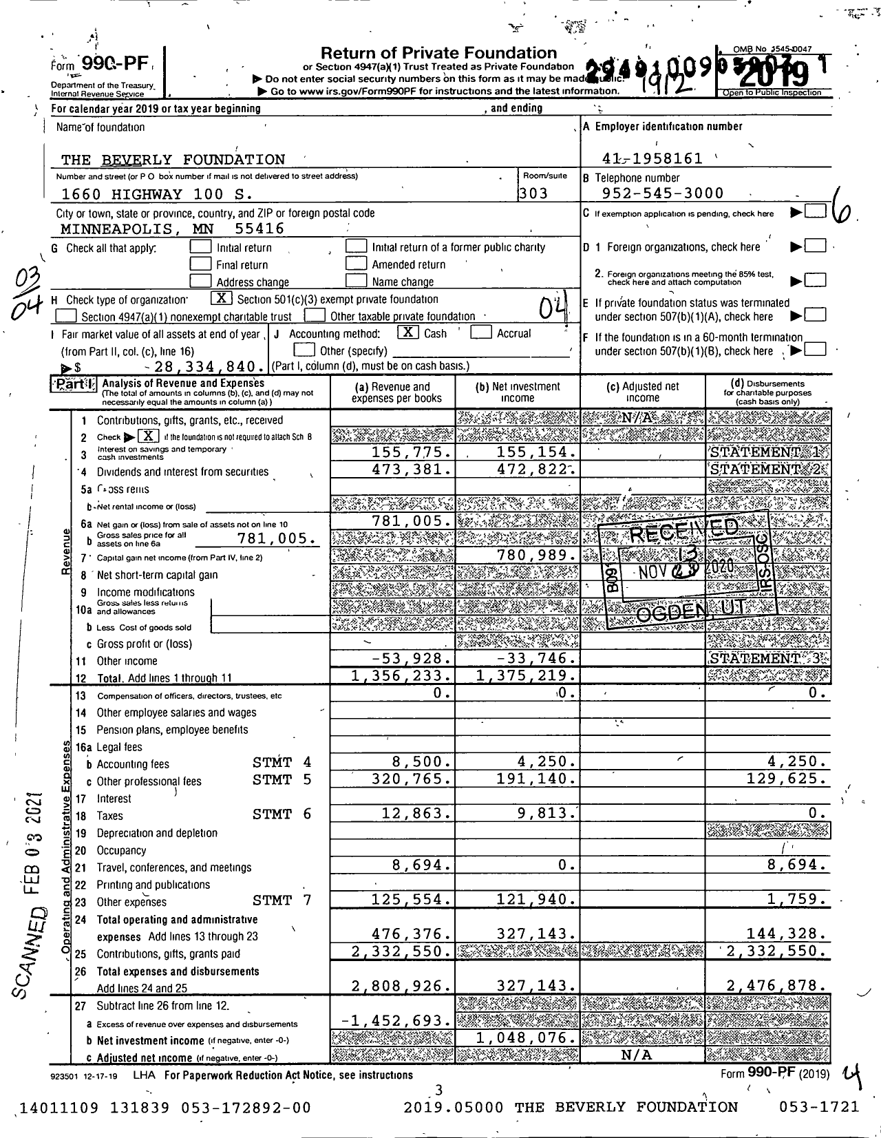 Image of first page of 2019 Form 990PF for The Beverly Foundation