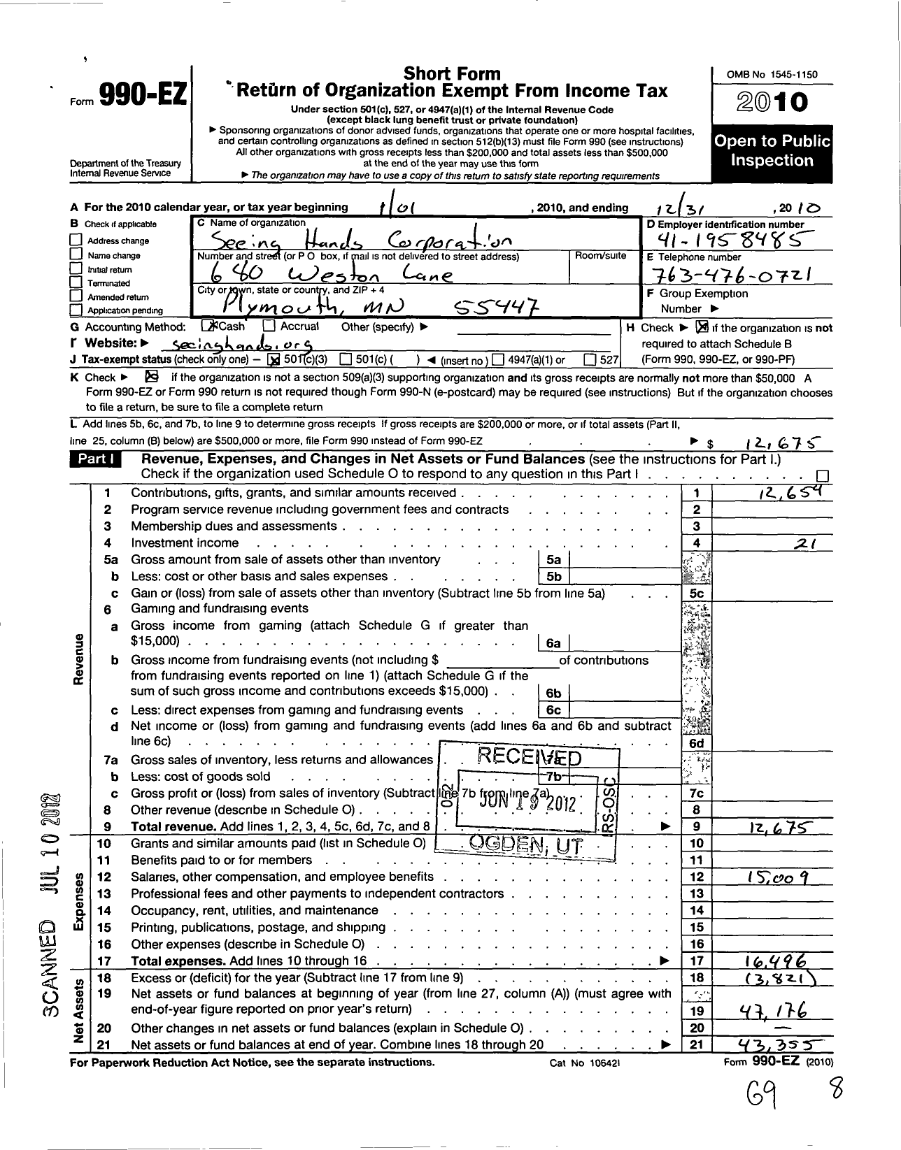 Image of first page of 2010 Form 990EZ for Seeing Hands Corporation