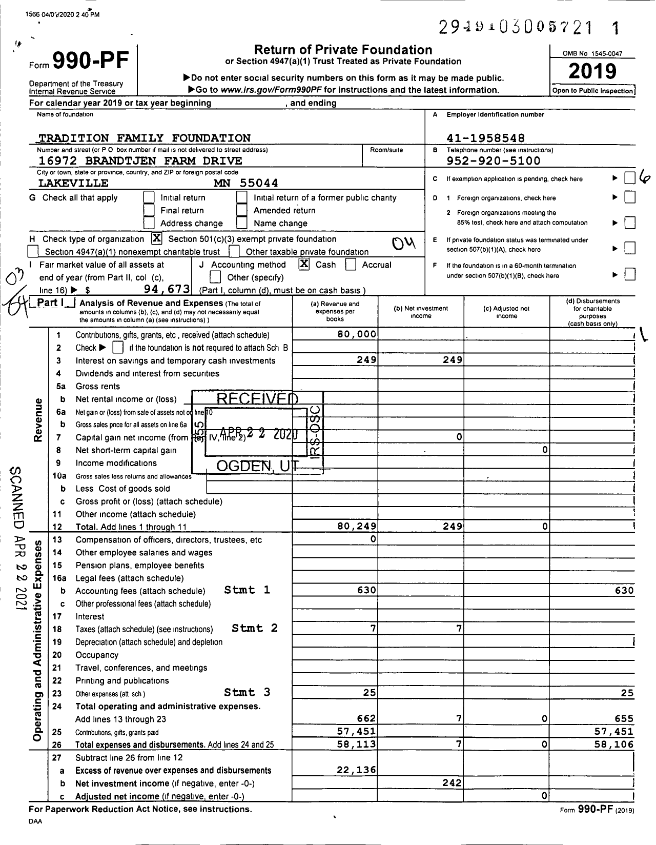 Image of first page of 2019 Form 990PF for Tradition Family Foundation