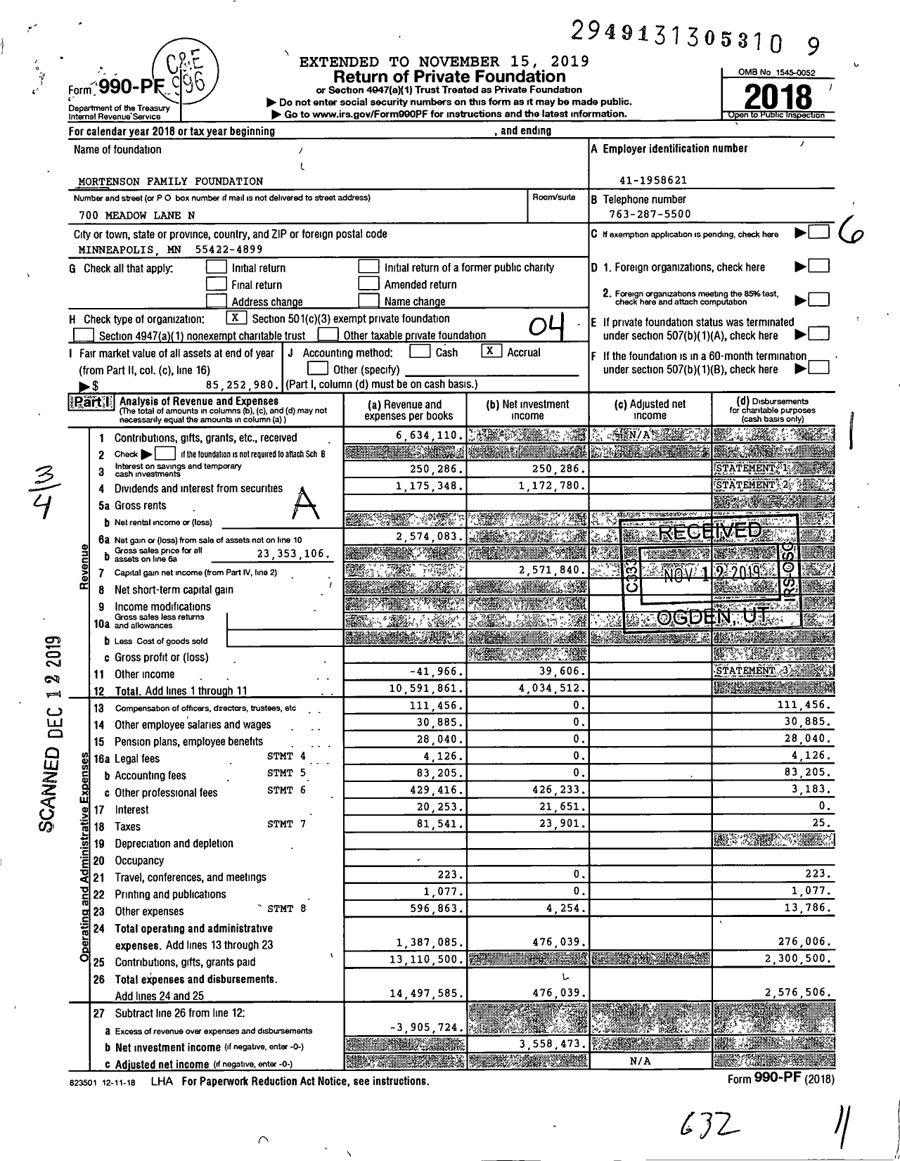 Image of first page of 2018 Form 990PF for Mortenson Family Foundation