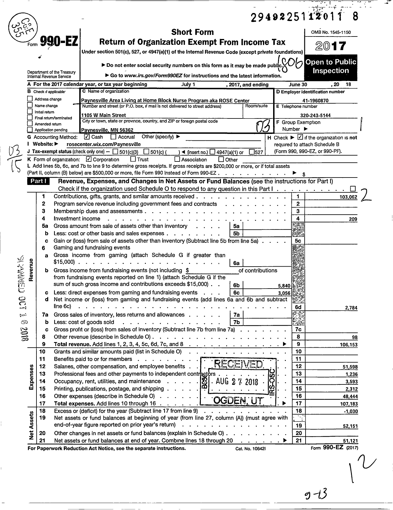 Image of first page of 2017 Form 990EZ for ROSE Center