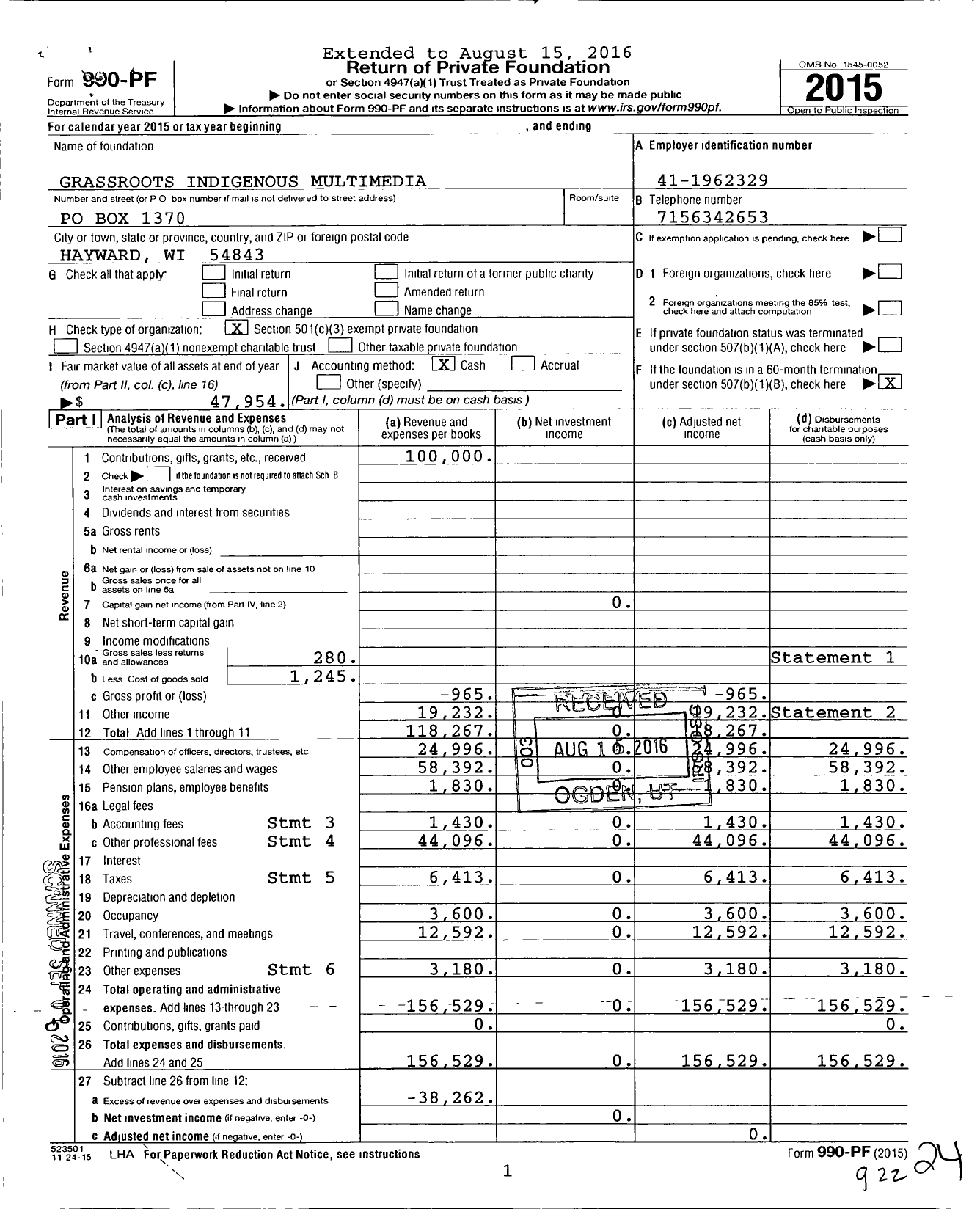Image of first page of 2015 Form 990PF for Grassroots Indigenous Multimedia
