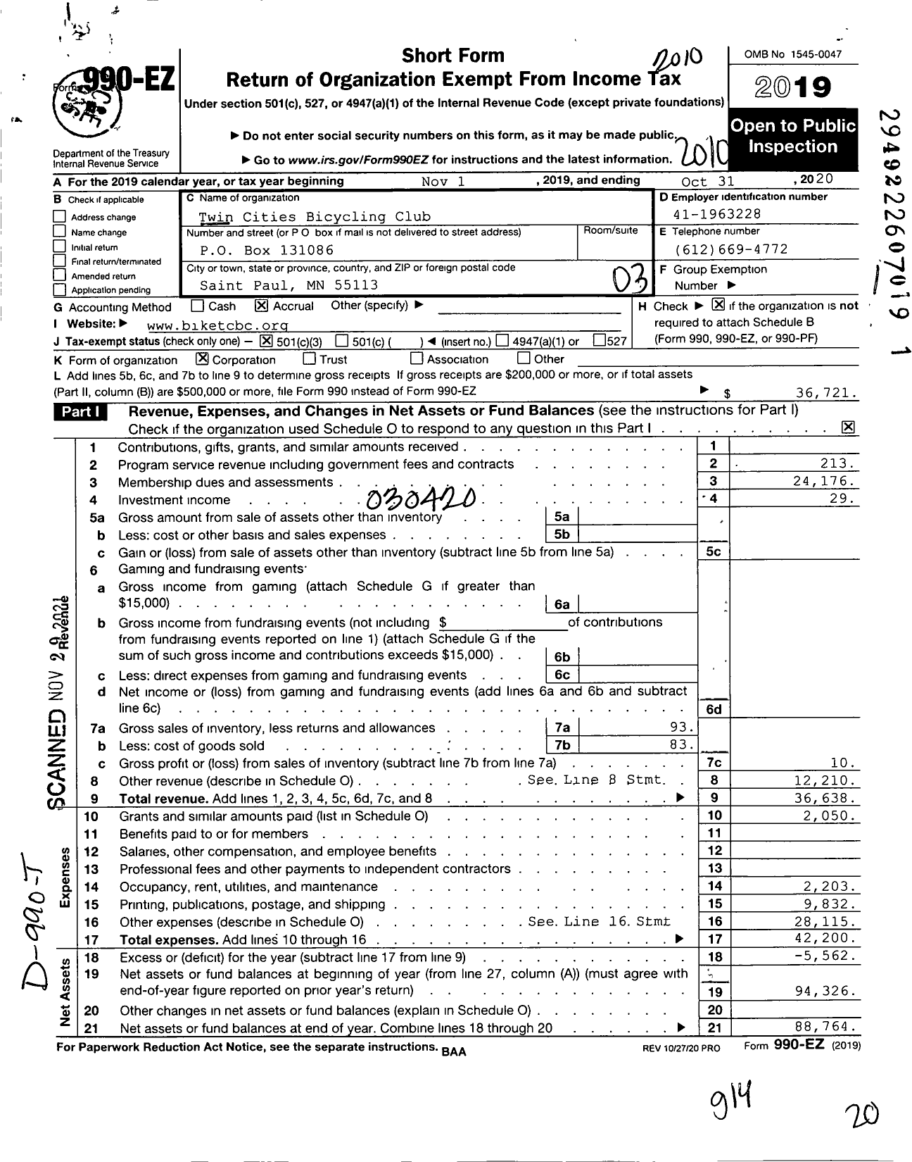 Image of first page of 2019 Form 990EZ for Twin Cities Bicycling Club