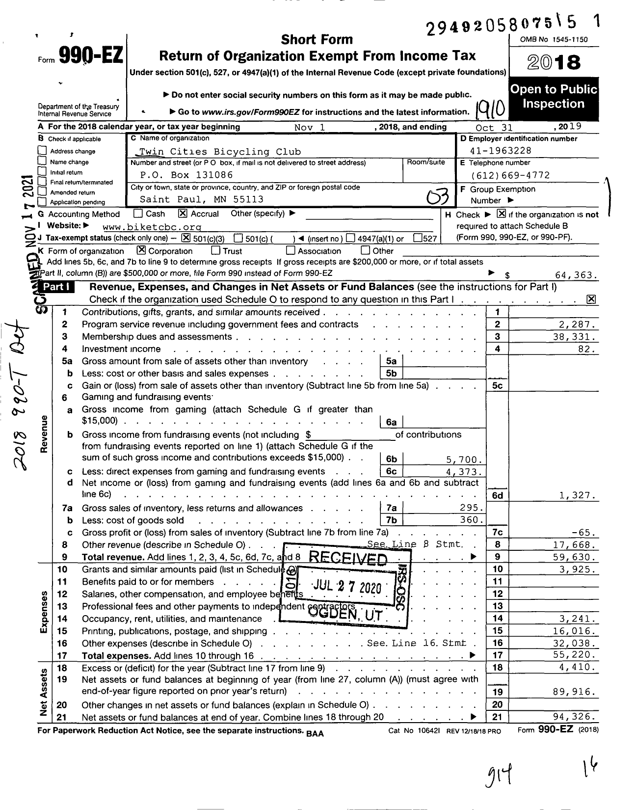 Image of first page of 2018 Form 990EZ for Twin Cities Bicycling Club