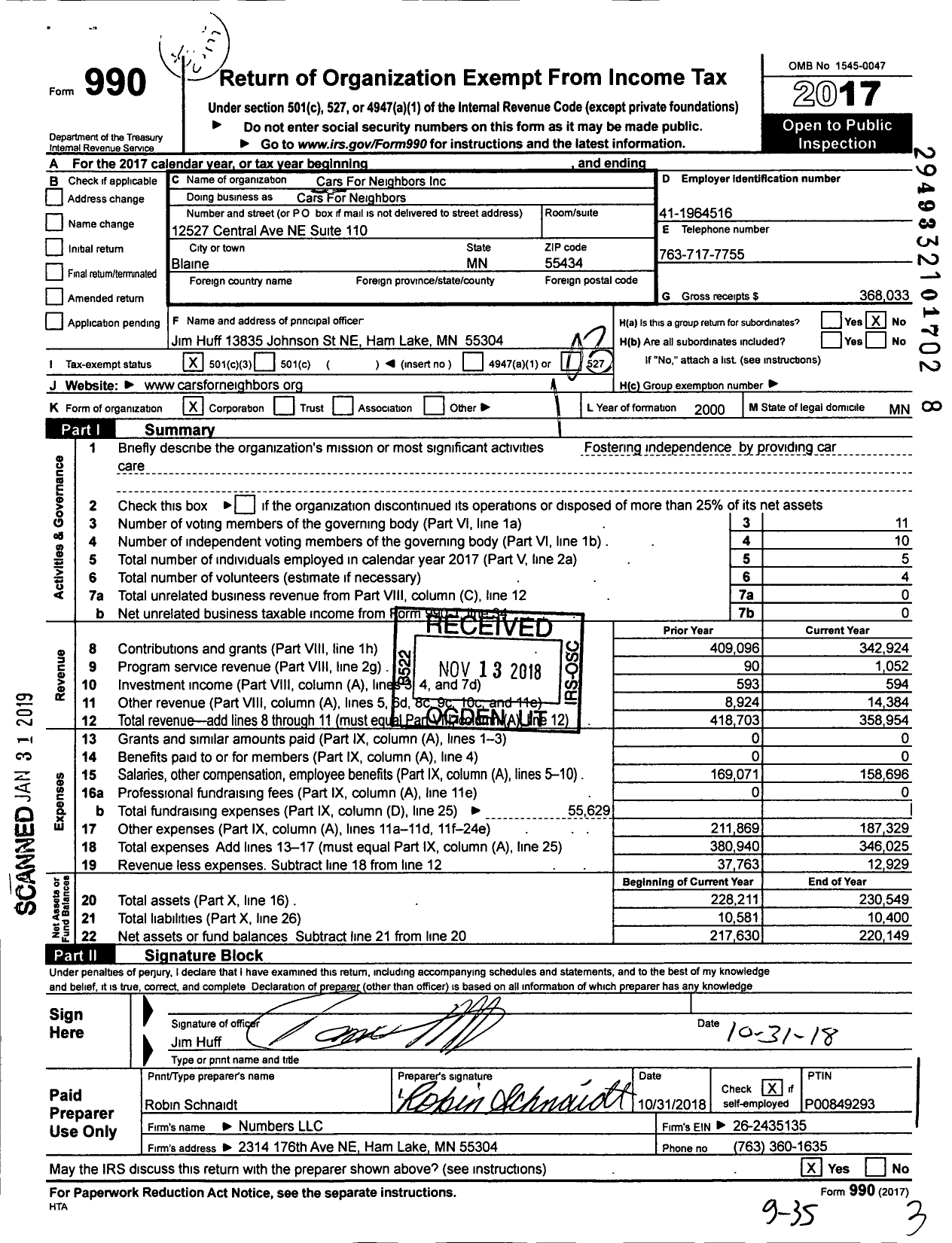 Image of first page of 2017 Form 990 for Cars For Neighbors