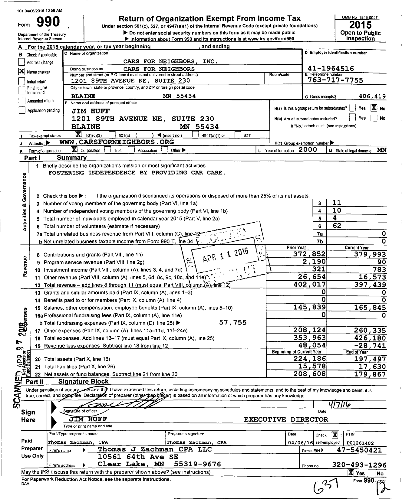 Image of first page of 2015 Form 990 for Cars For Neighbors