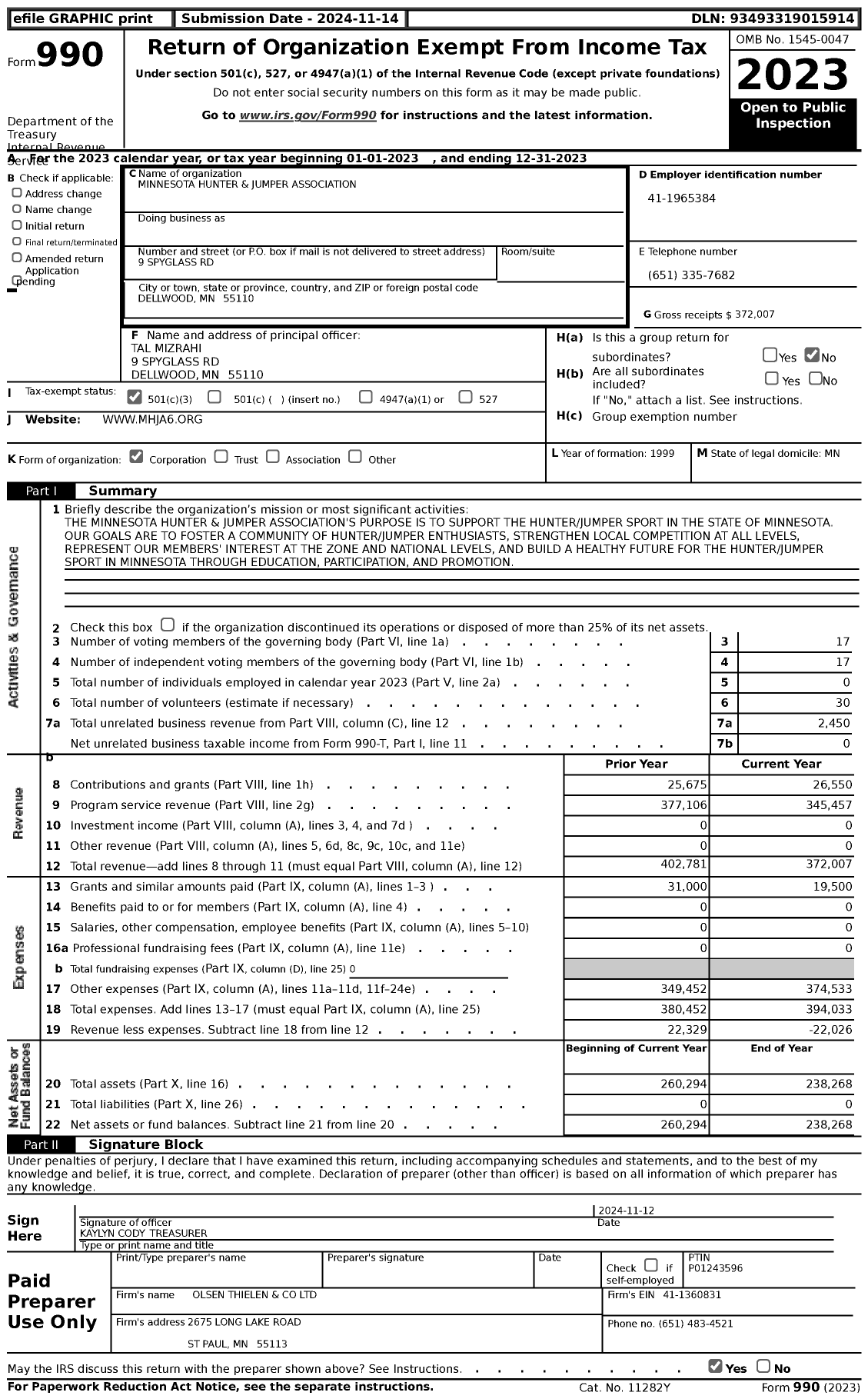 Image of first page of 2023 Form 990 for Minnesota Hunter and Jumper Association