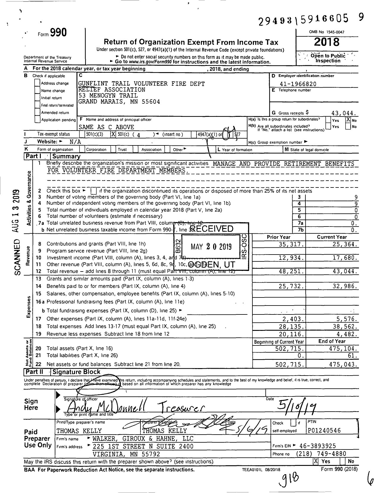 Image of first page of 2018 Form 990O for Gunflint Trail Volunteer Fire Department Relief Association