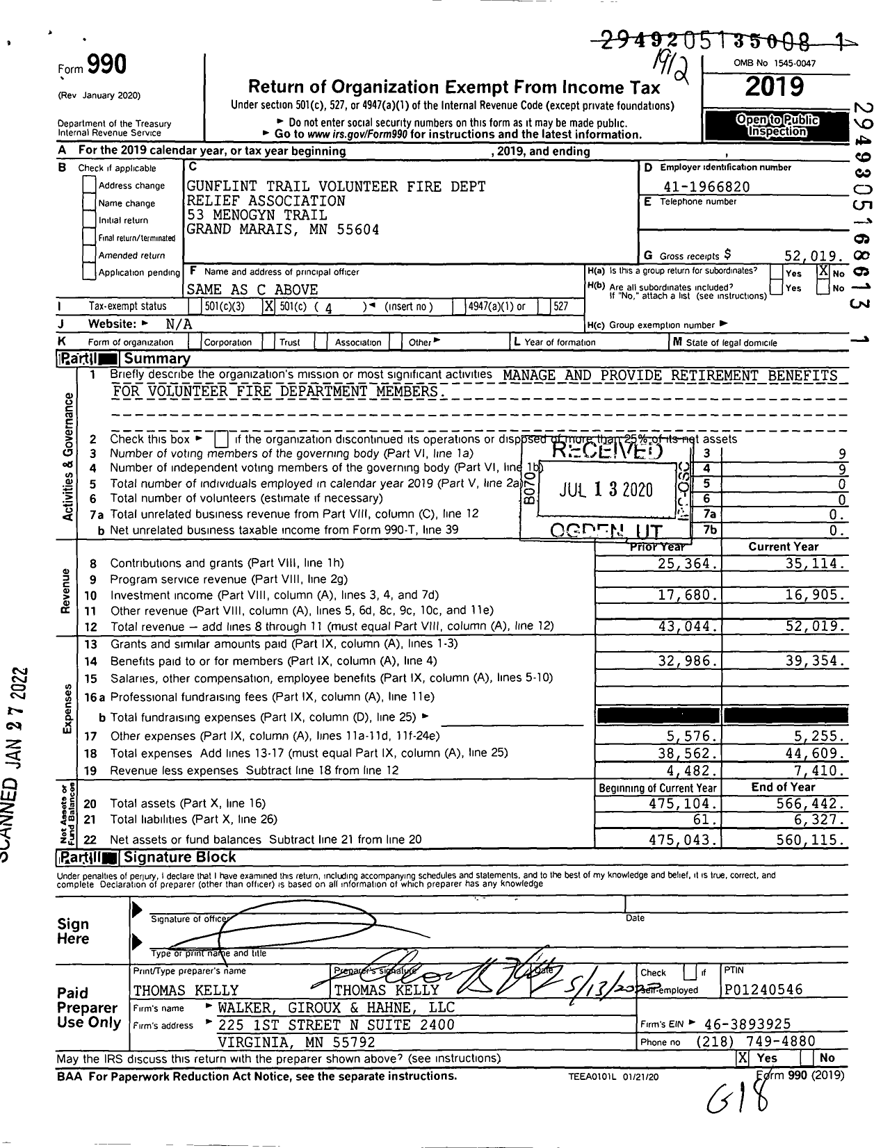 Image of first page of 2019 Form 990O for Gunflint Trail Volunteer Fire Department Relief Association