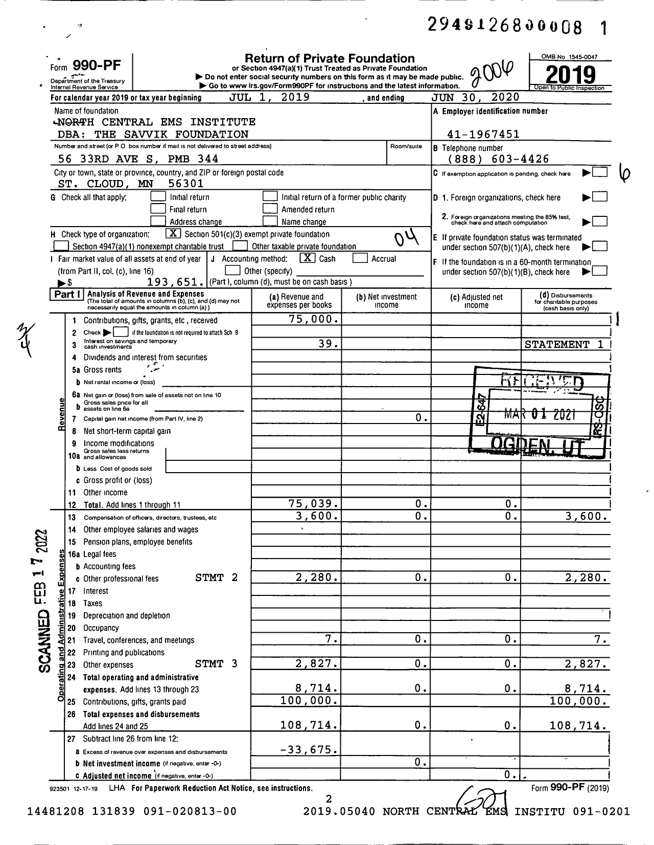 Image of first page of 2019 Form 990PF for The Savvik Foundation