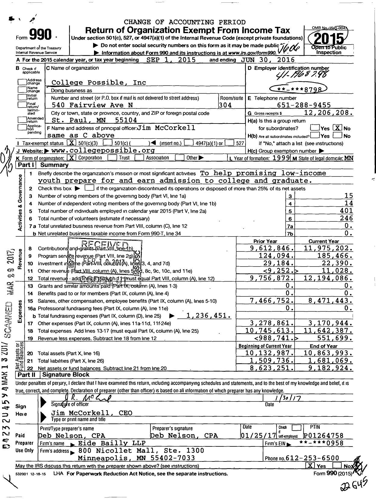 Image of first page of 2015 Form 990 for College Possible