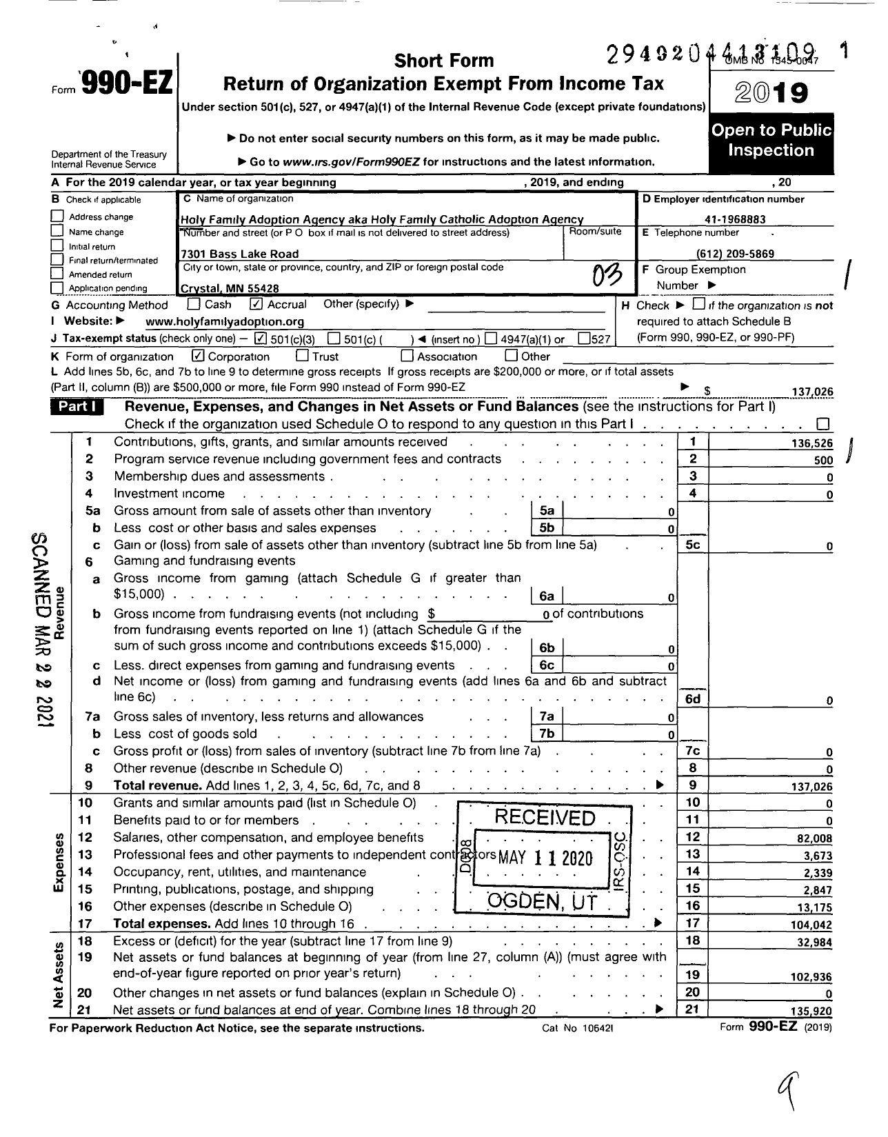 Image of first page of 2019 Form 990EZ for Holy Family Catholic Adoption Agency