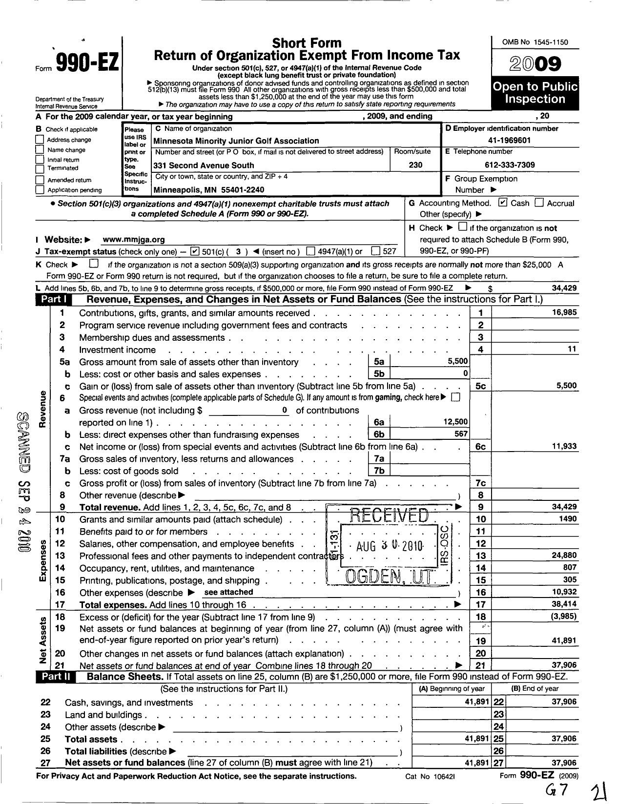 Image of first page of 2009 Form 990EZ for Minnesota Minority Junior Golf Association