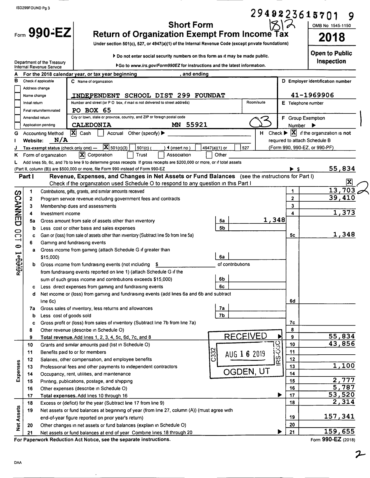 Image of first page of 2018 Form 990EZ for Independent School Dist 299 Foundation