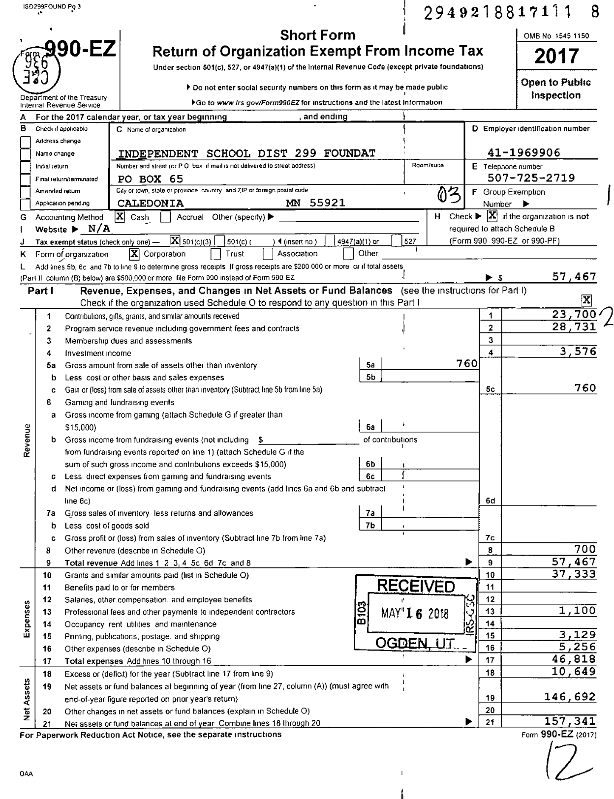 Image of first page of 2017 Form 990EZ for Independent School Dist 299 Foundation