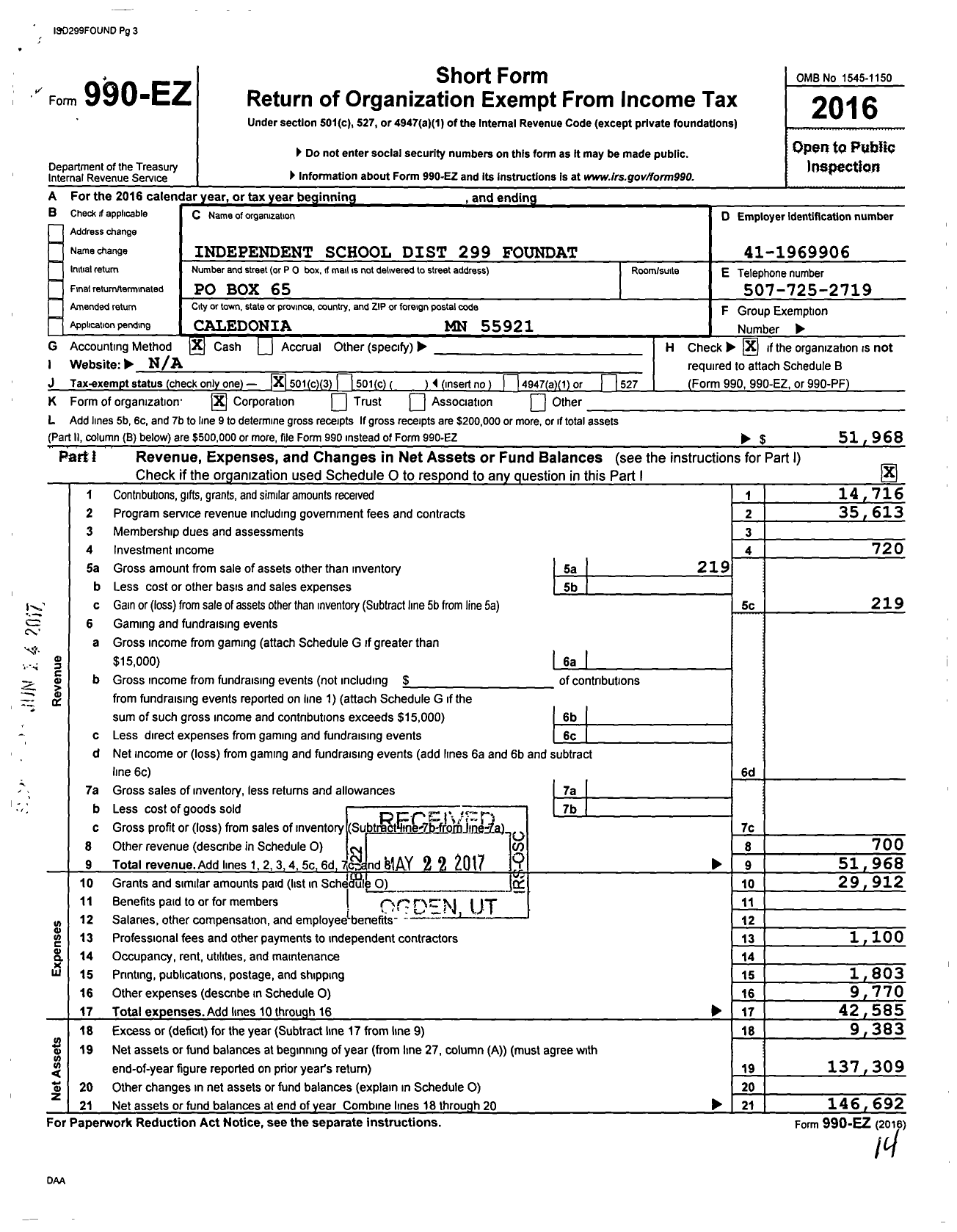 Image of first page of 2016 Form 990EZ for Independent School Dist 299 Foundation