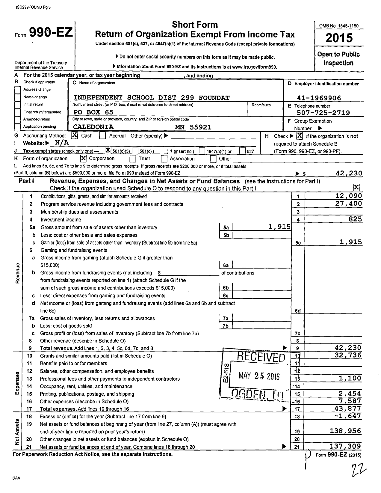 Image of first page of 2015 Form 990EZ for Independent School Dist 299 Foundation