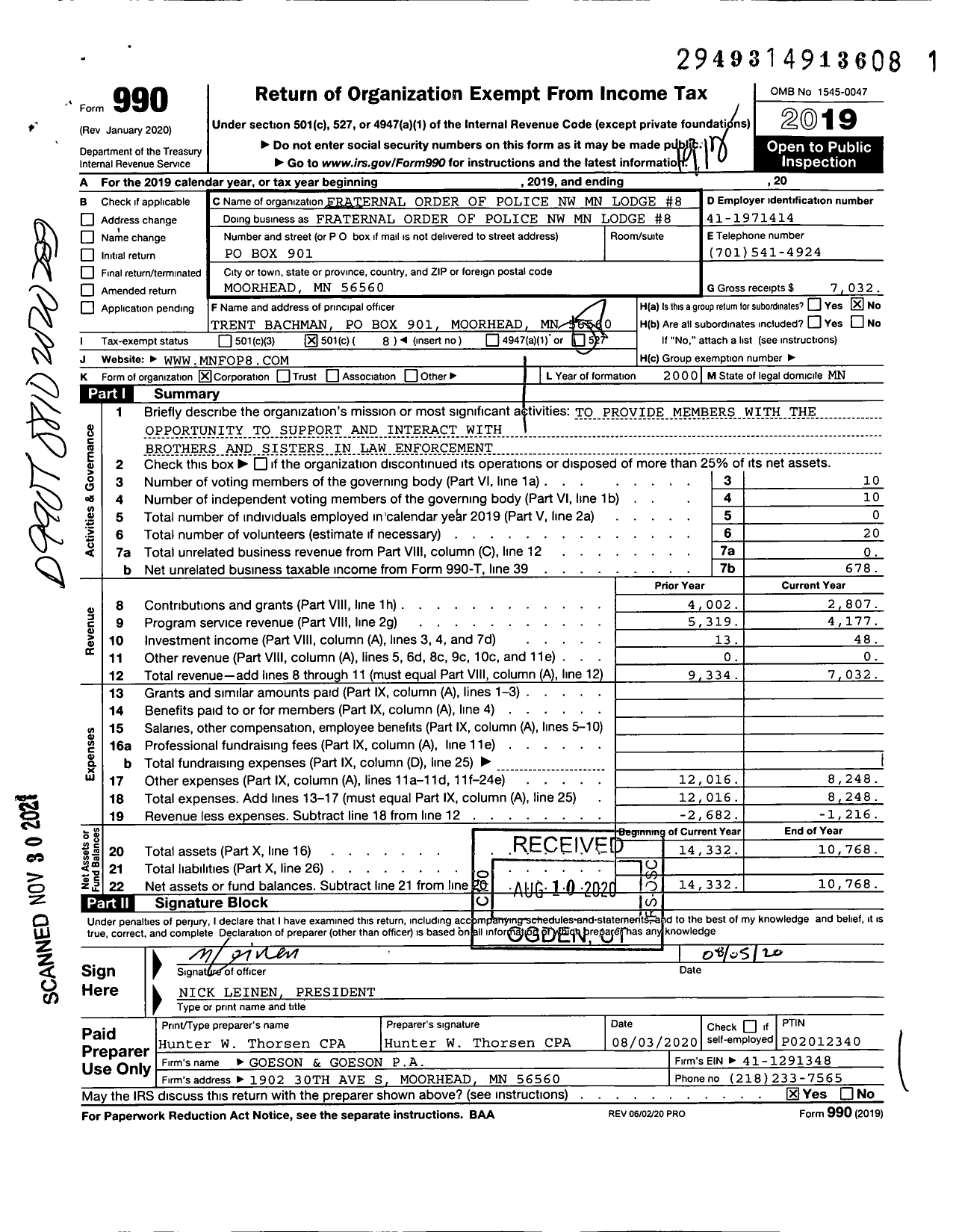 Image of first page of 2019 Form 990O for Fraternal Order of Police - Fraternal Order of Police