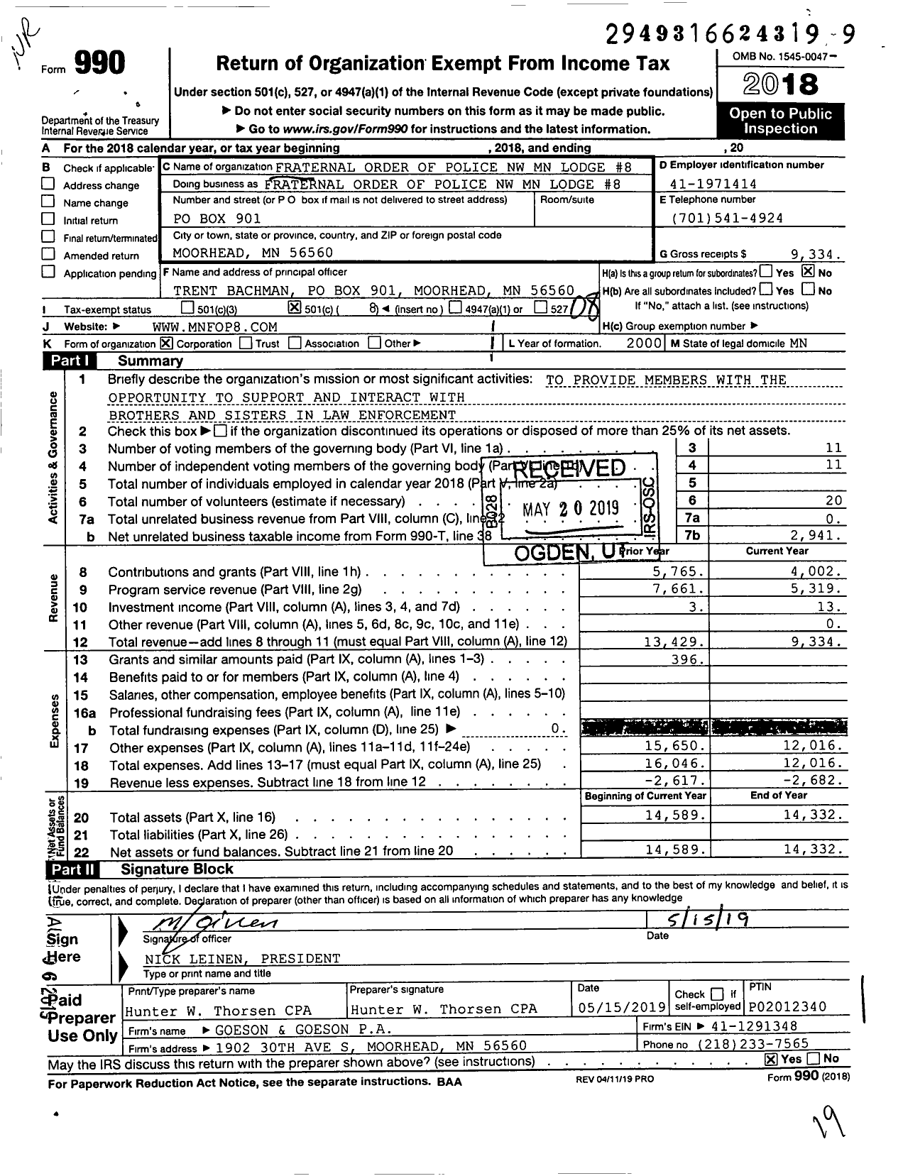Image of first page of 2018 Form 990O for Fraternal Order of Police - Fraternal Order of Police