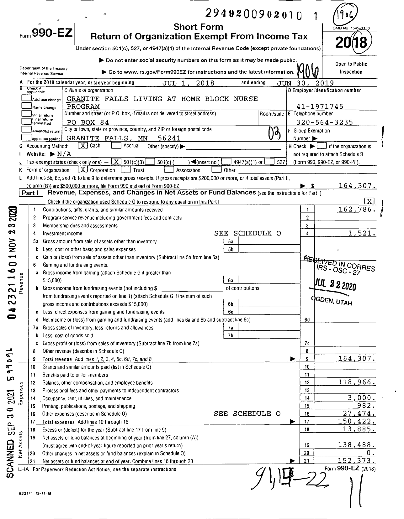 Image of first page of 2018 Form 990EZ for Granite Falls Living at Home Block Nurse Program