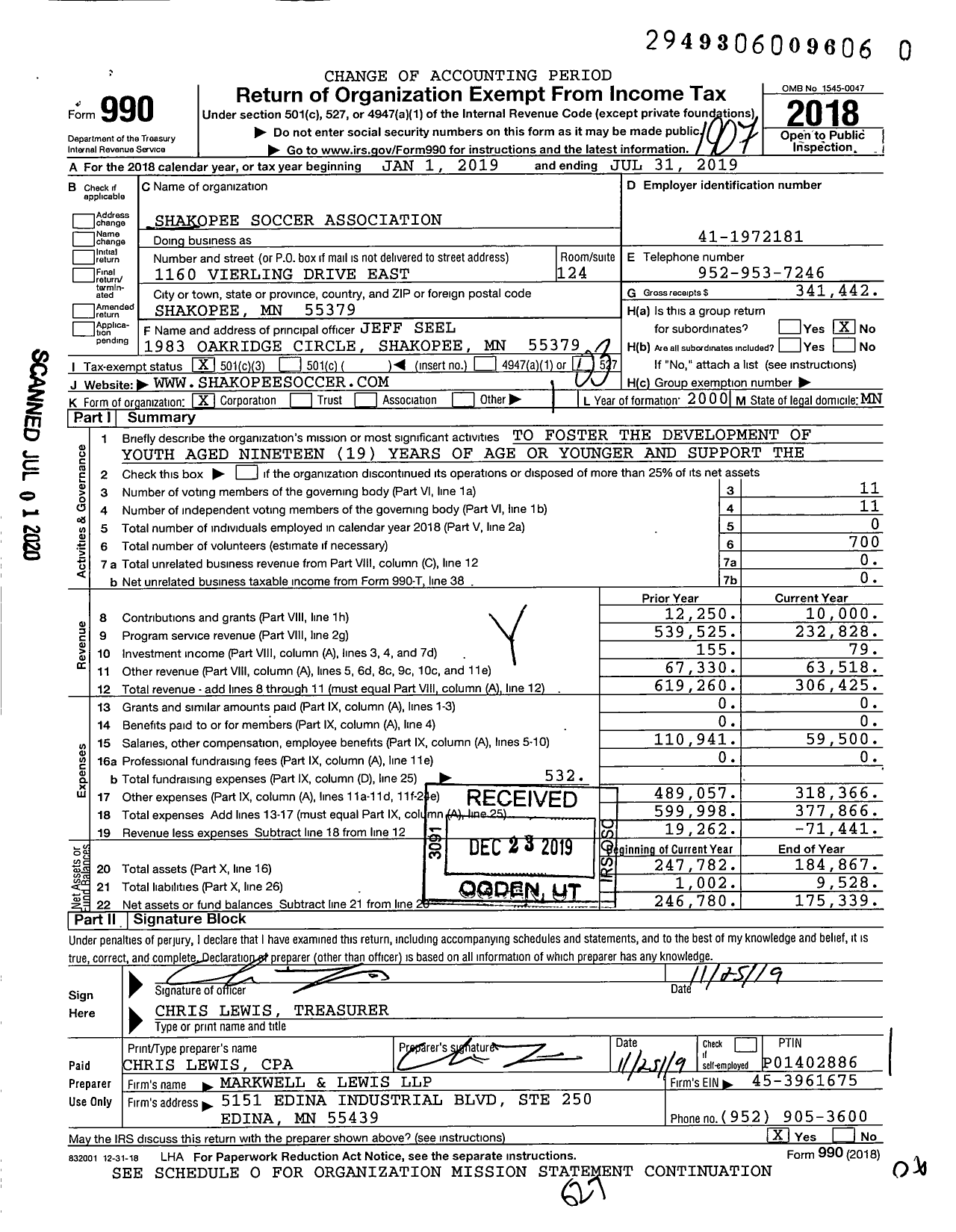 Image of first page of 2018 Form 990 for Shakopee Soccer Association