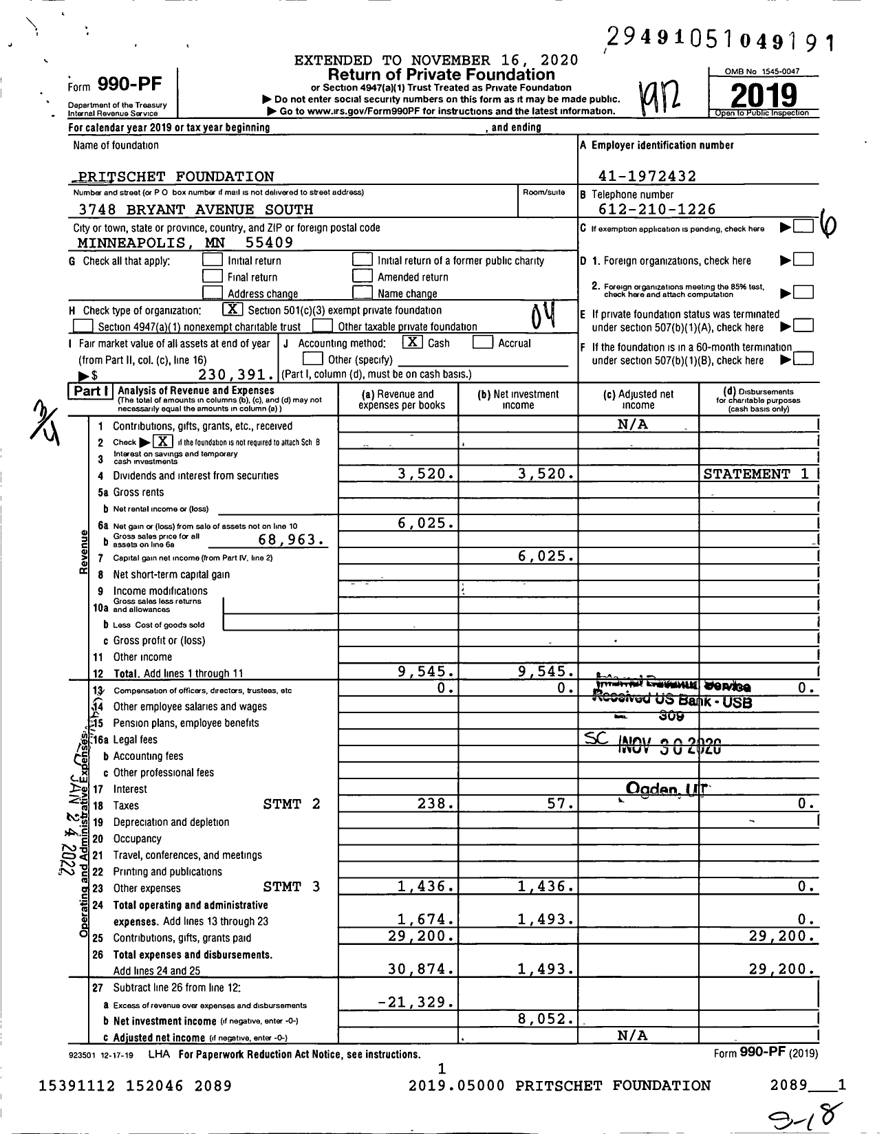 Image of first page of 2019 Form 990PF for Pritschet Foundation