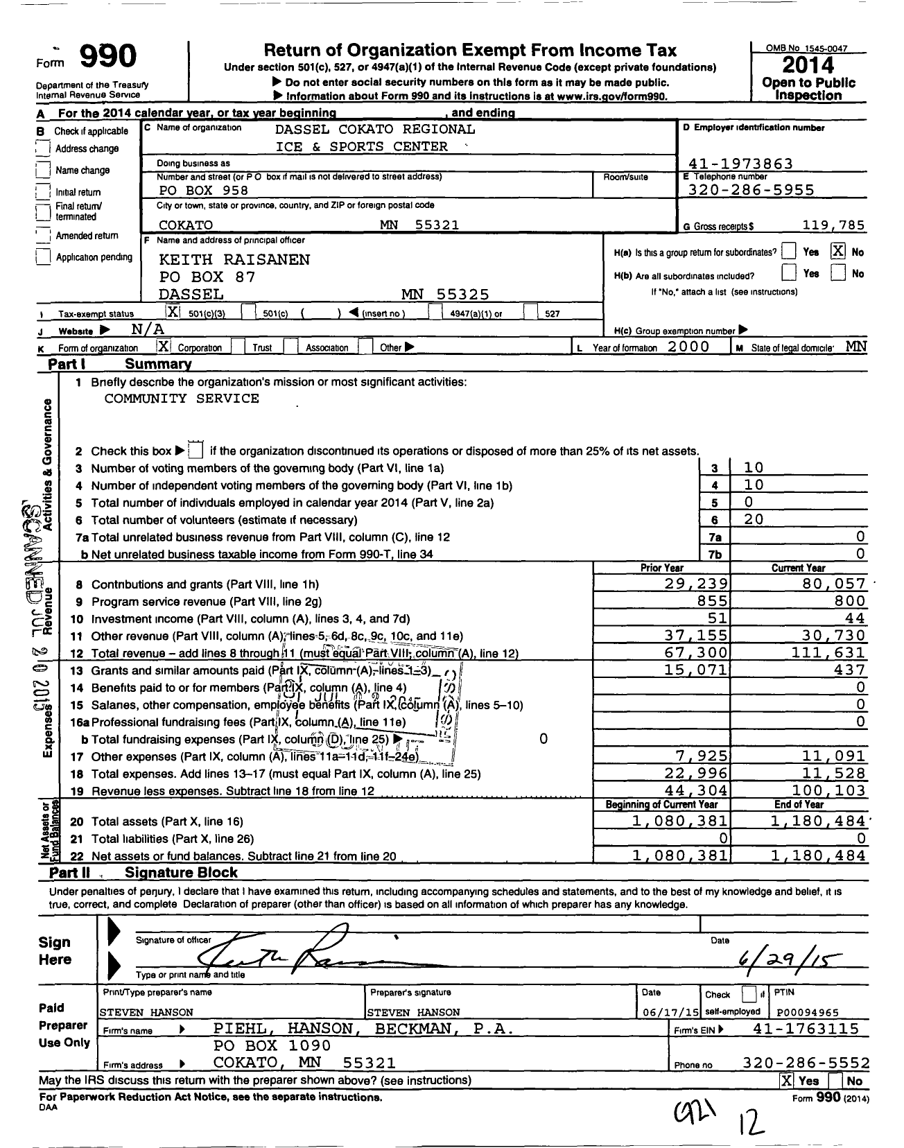 Image of first page of 2014 Form 990 for Dassel Cokato Regional Ice and Sports Center