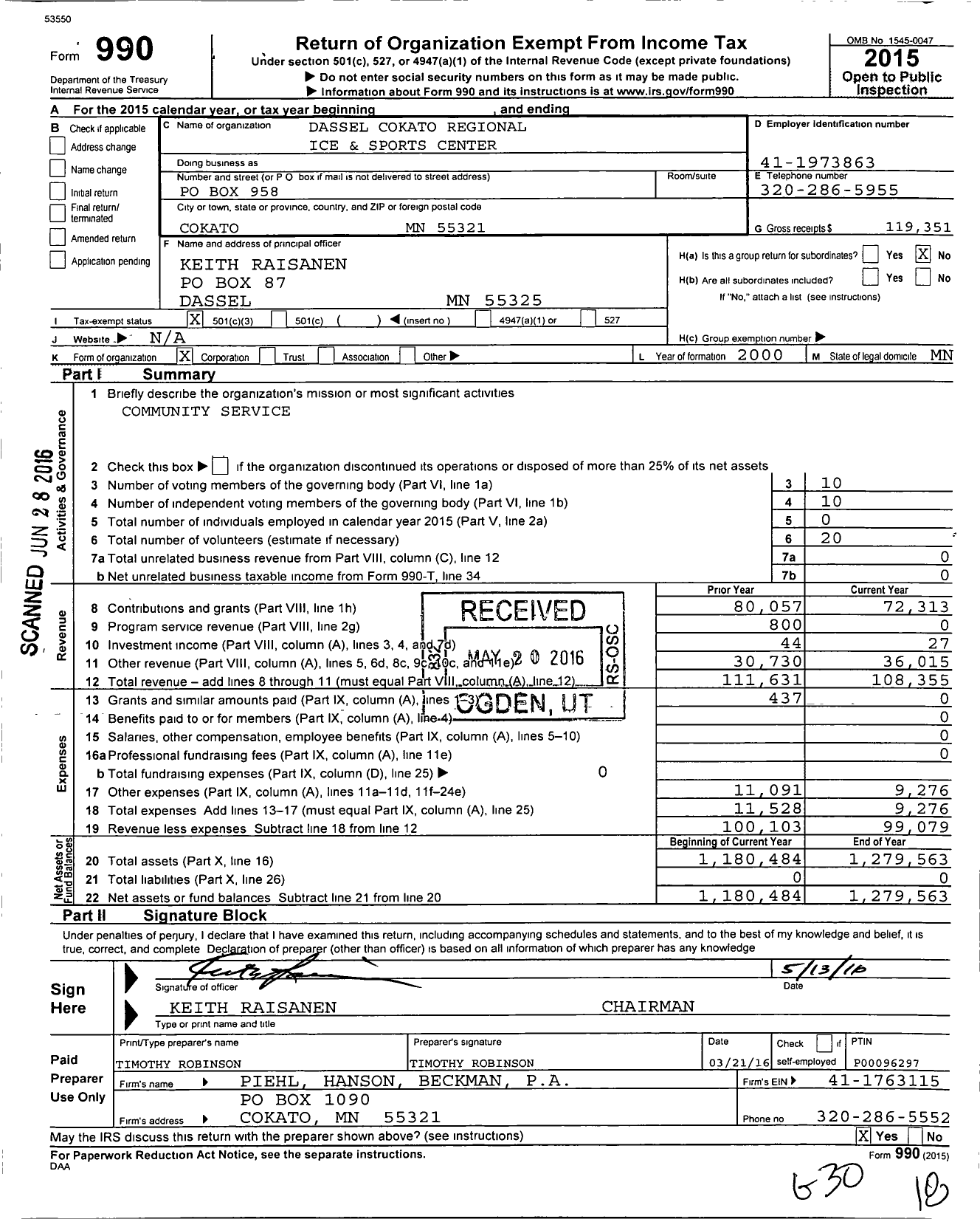 Image of first page of 2015 Form 990 for Dassel Cokato Regional Ice and Sports Center