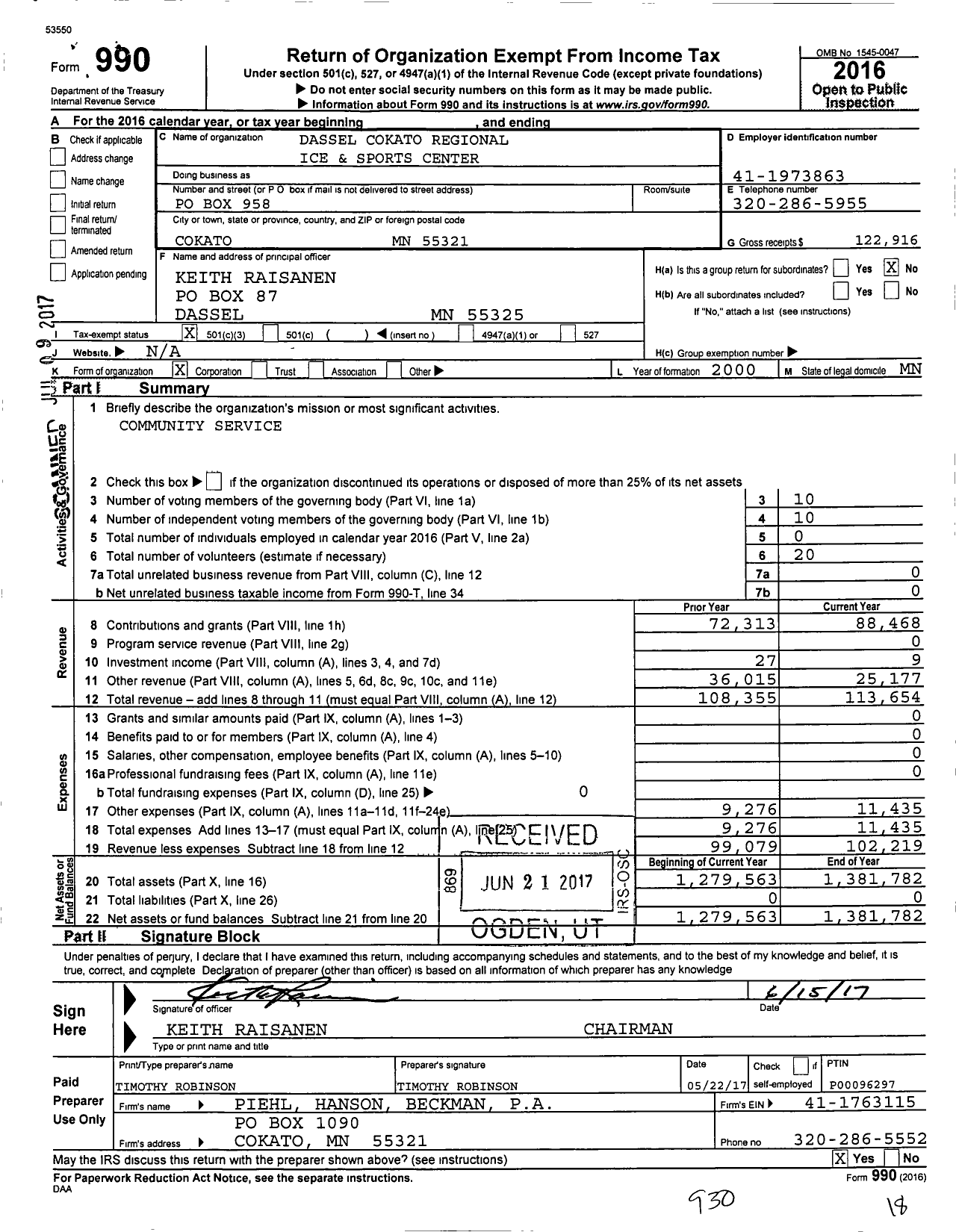 Image of first page of 2016 Form 990 for Dassel Cokato Regional Ice and Sports Center