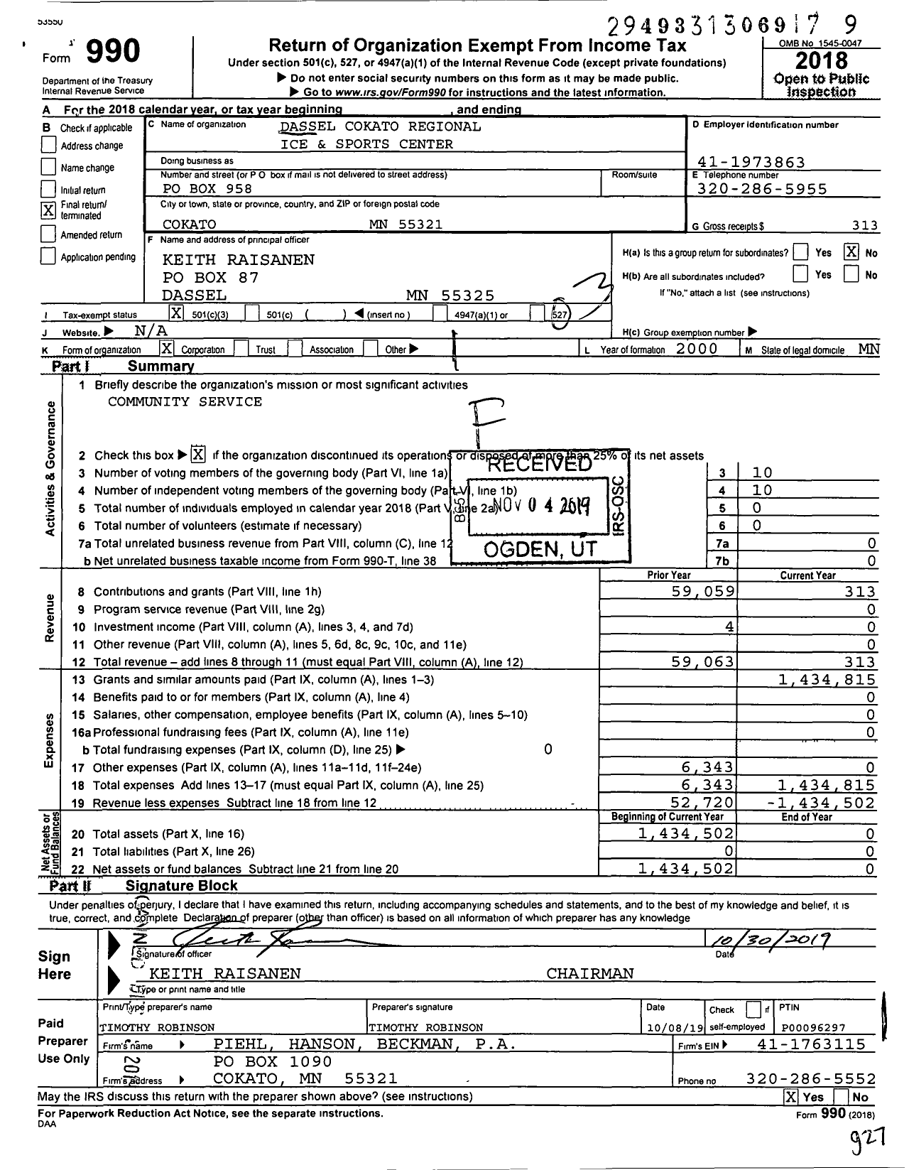 Image of first page of 2018 Form 990 for Dassel Cokato Regional Ice and Sports Center