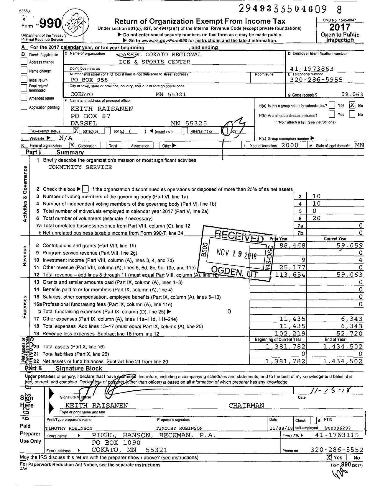 Image of first page of 2017 Form 990 for Dassel Cokato Regional Ice and Sports Center