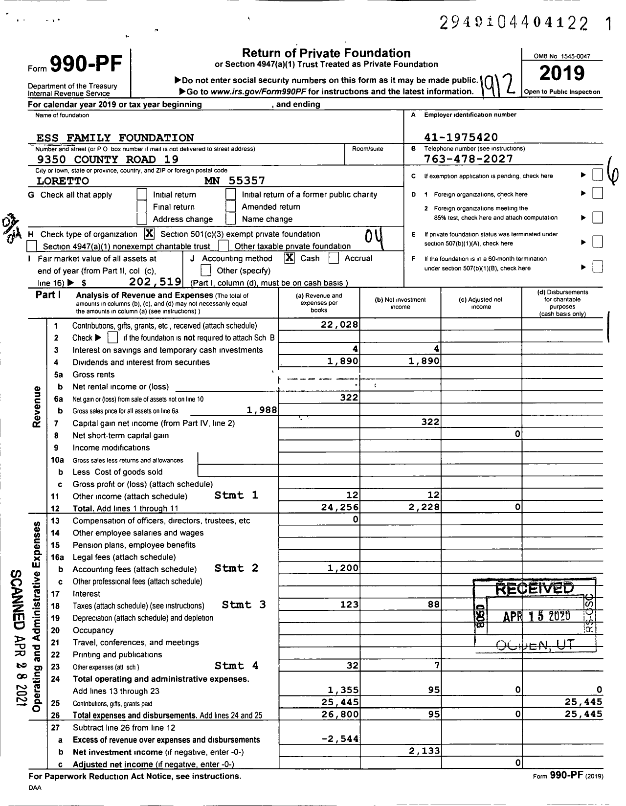 Image of first page of 2019 Form 990PF for Ess Family Foundation