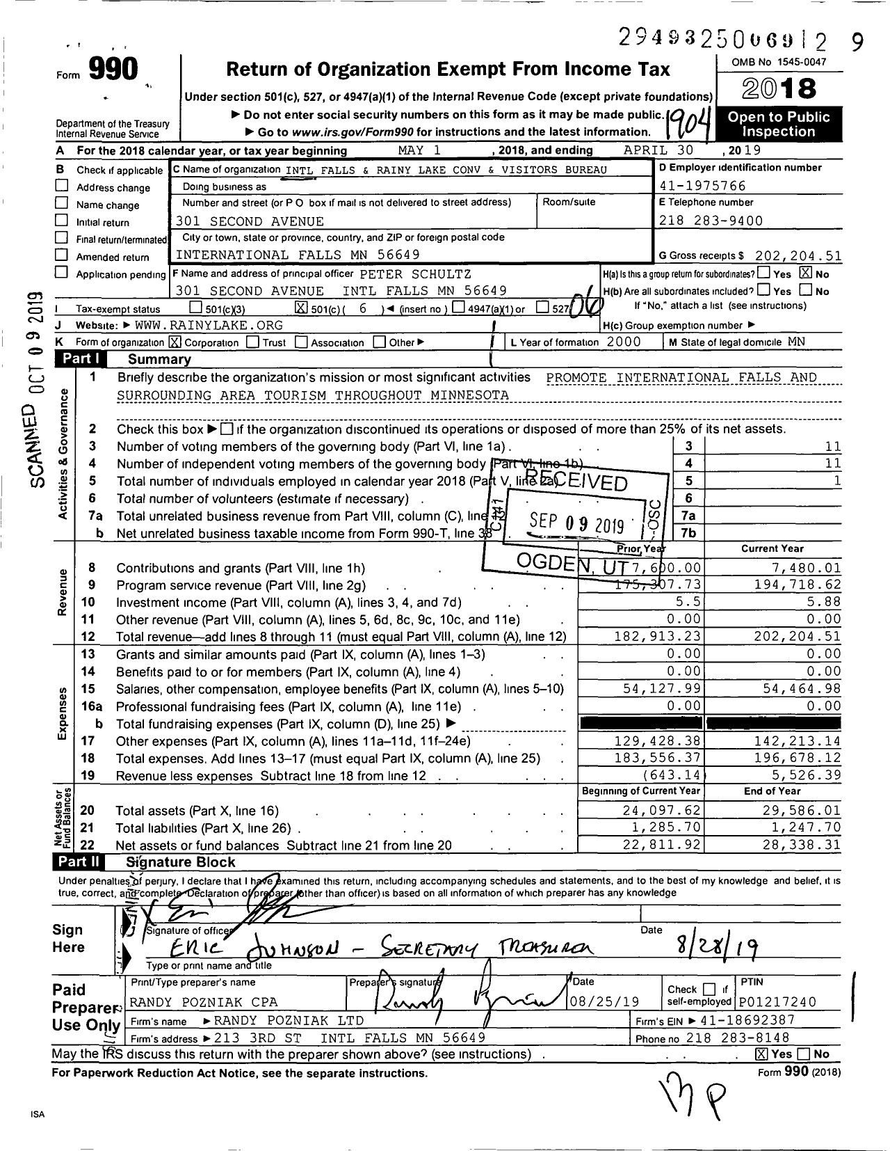 Image of first page of 2018 Form 990O for Intl Falls & Rainy Lake Convention and Visitors Bureau