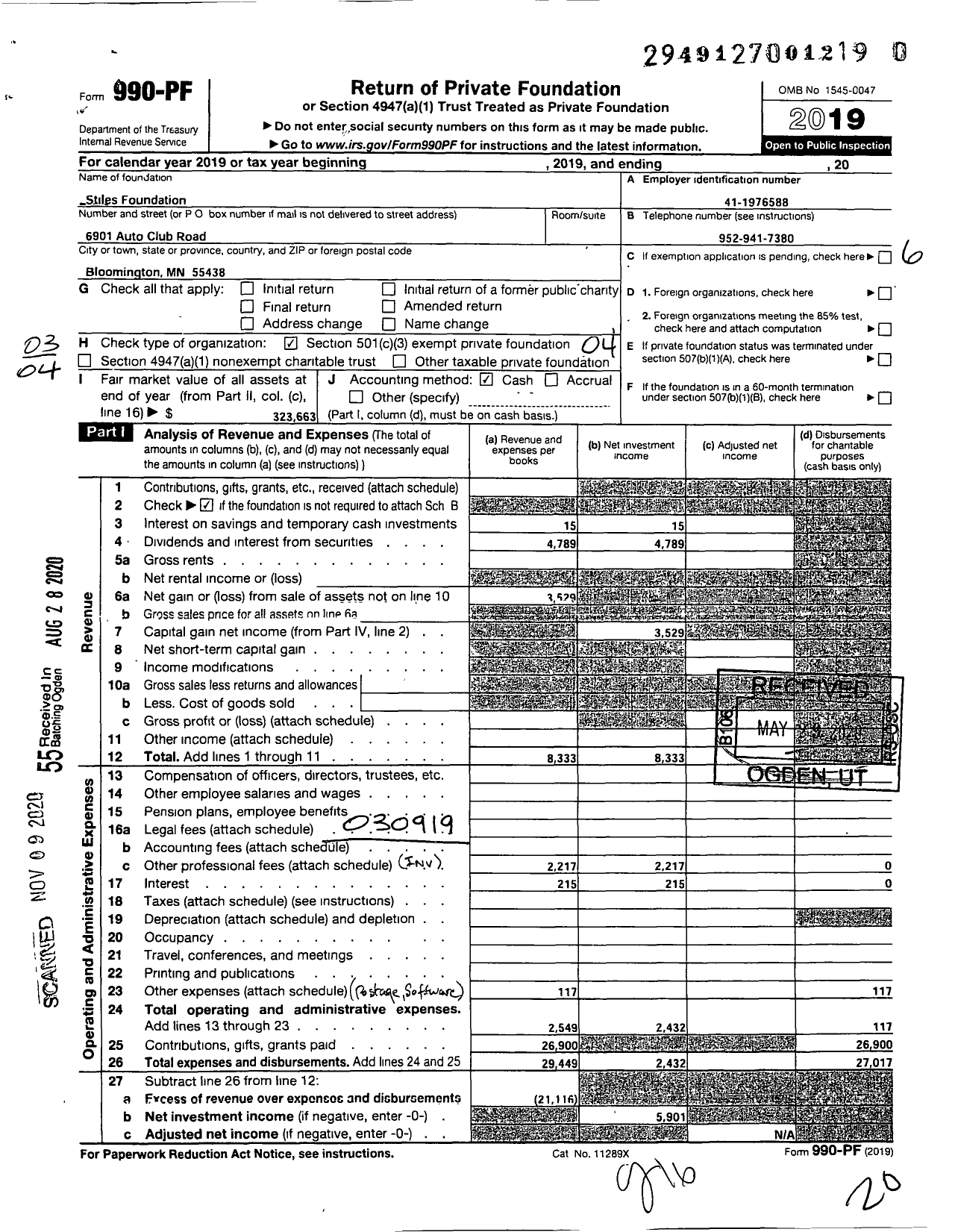 Image of first page of 2019 Form 990PF for Stiles Foundation