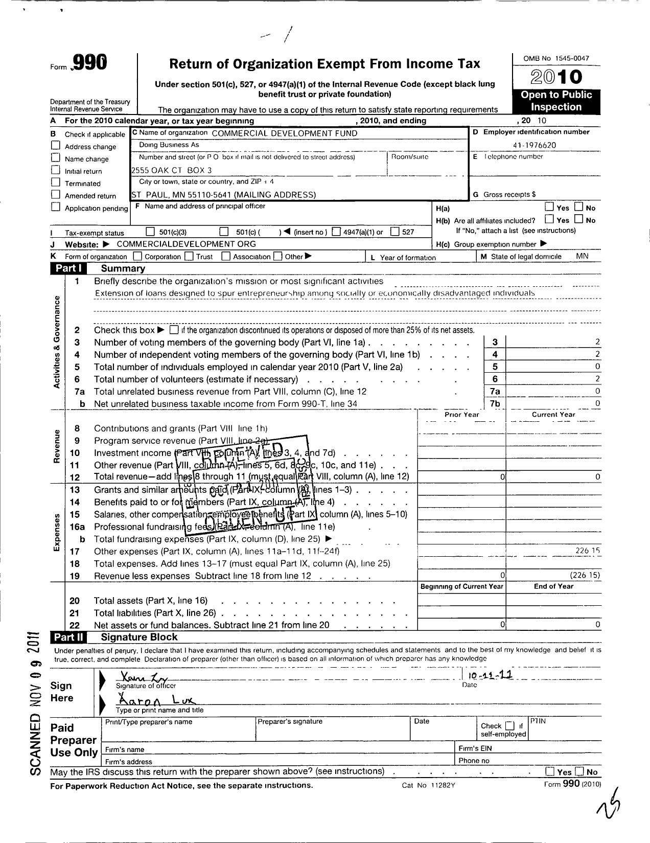 Image of first page of 2010 Form 990O for Commercial Development Fund