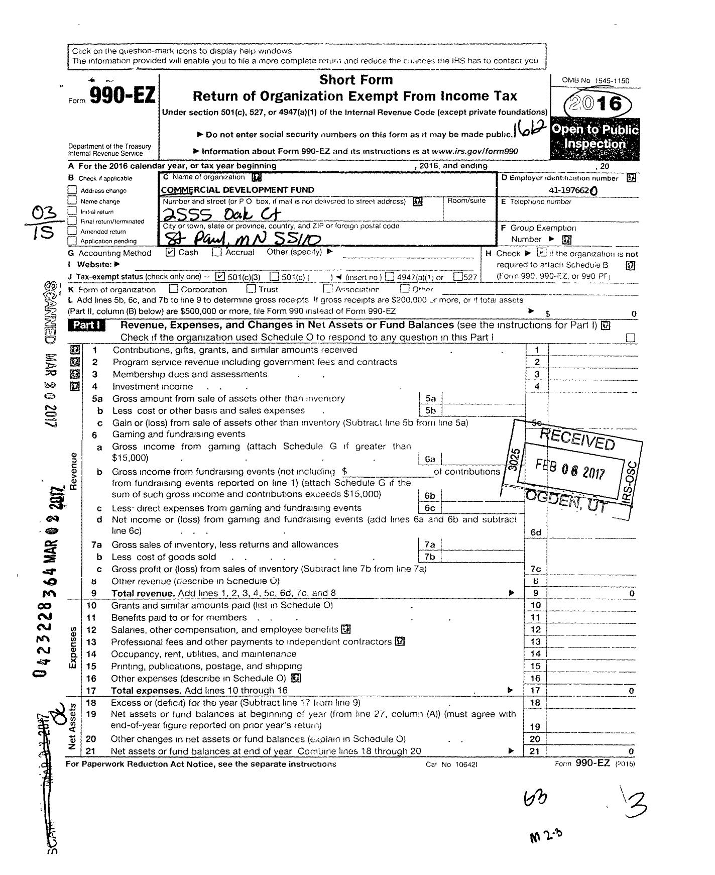 Image of first page of 2016 Form 990EZ for Commercial Development Fund