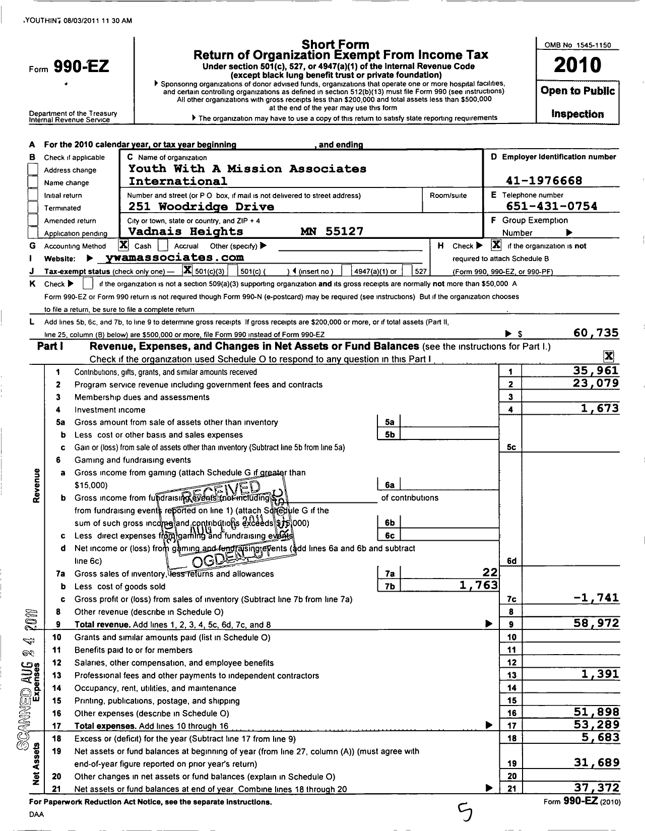 Image of first page of 2010 Form 990EZ for Youth With A Mission Associates International