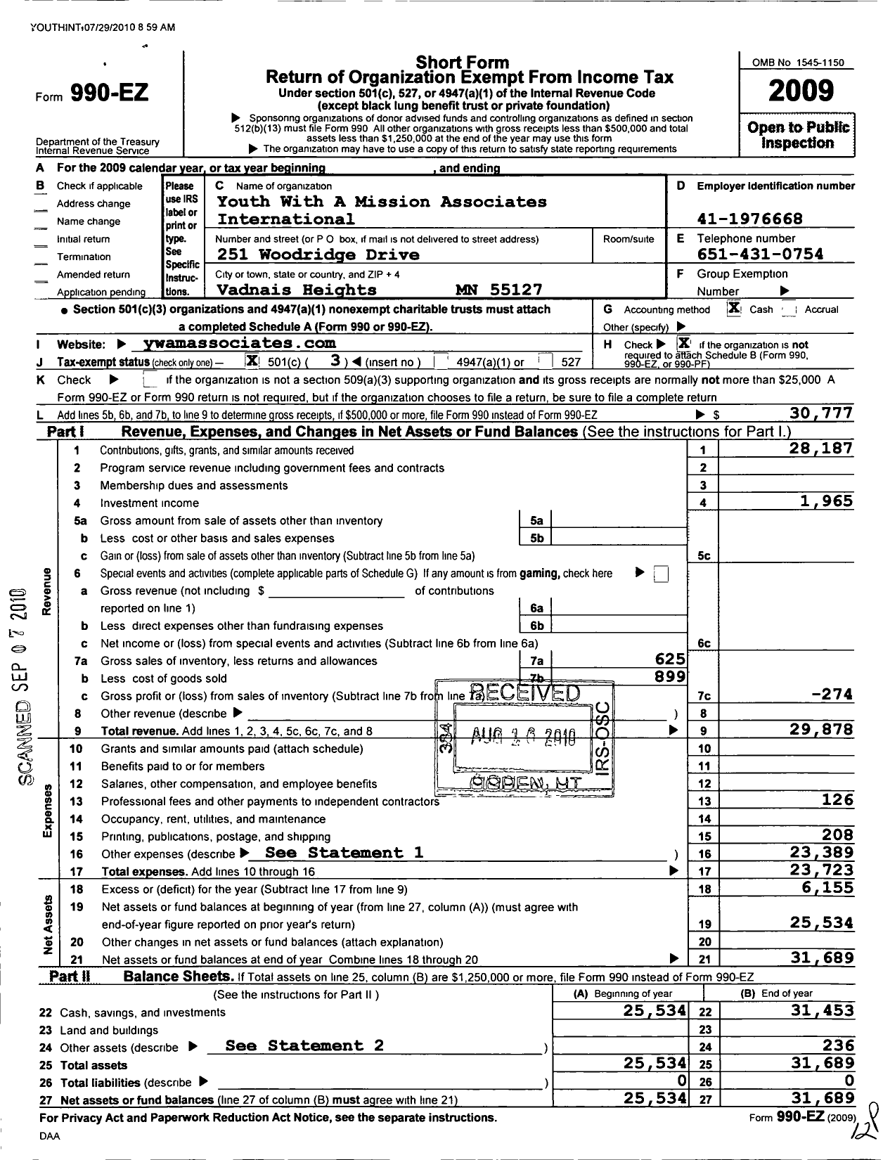 Image of first page of 2009 Form 990EZ for Youth With A Mission Associates International