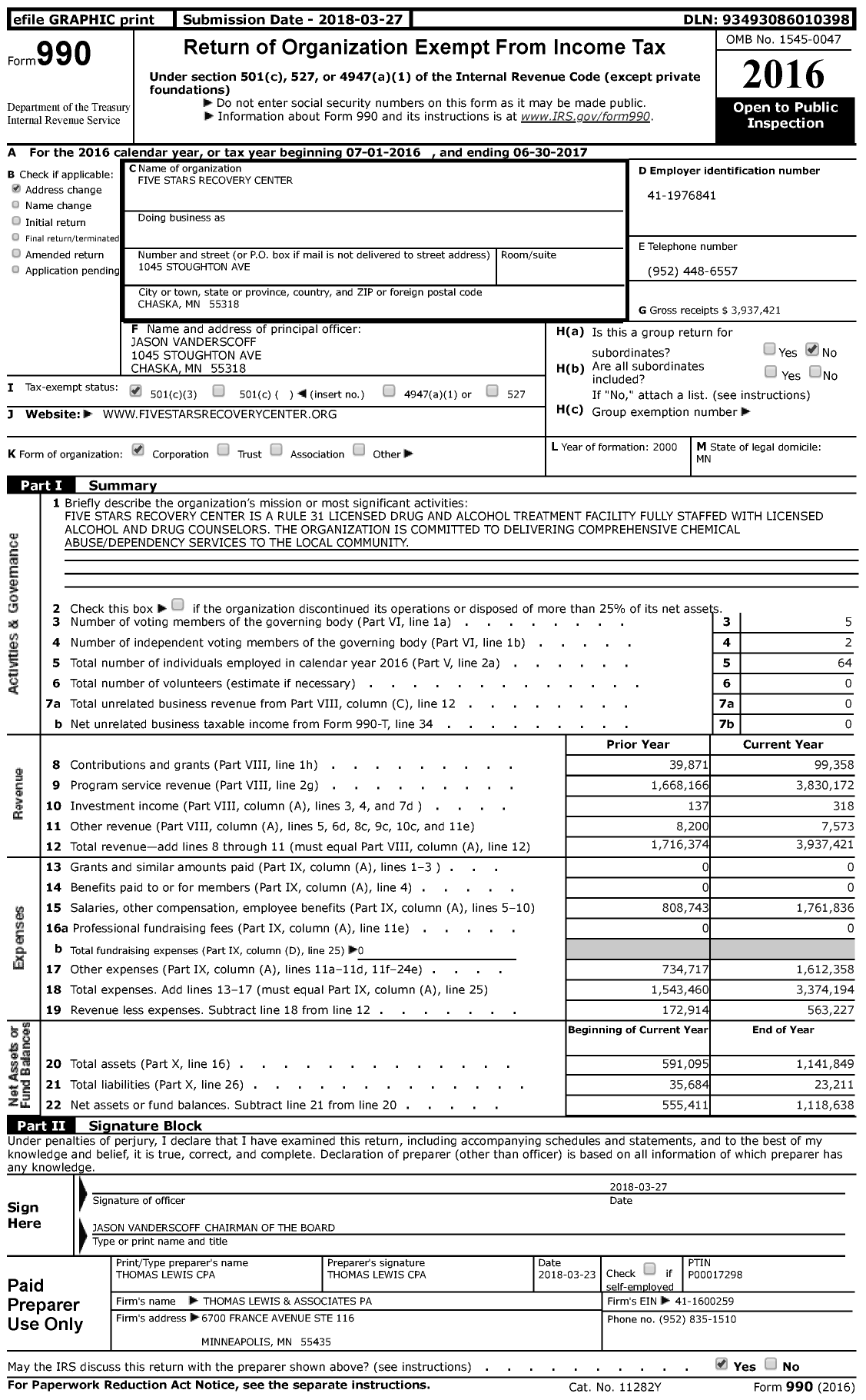 Image of first page of 2016 Form 990 for Five Stars Recovery Center