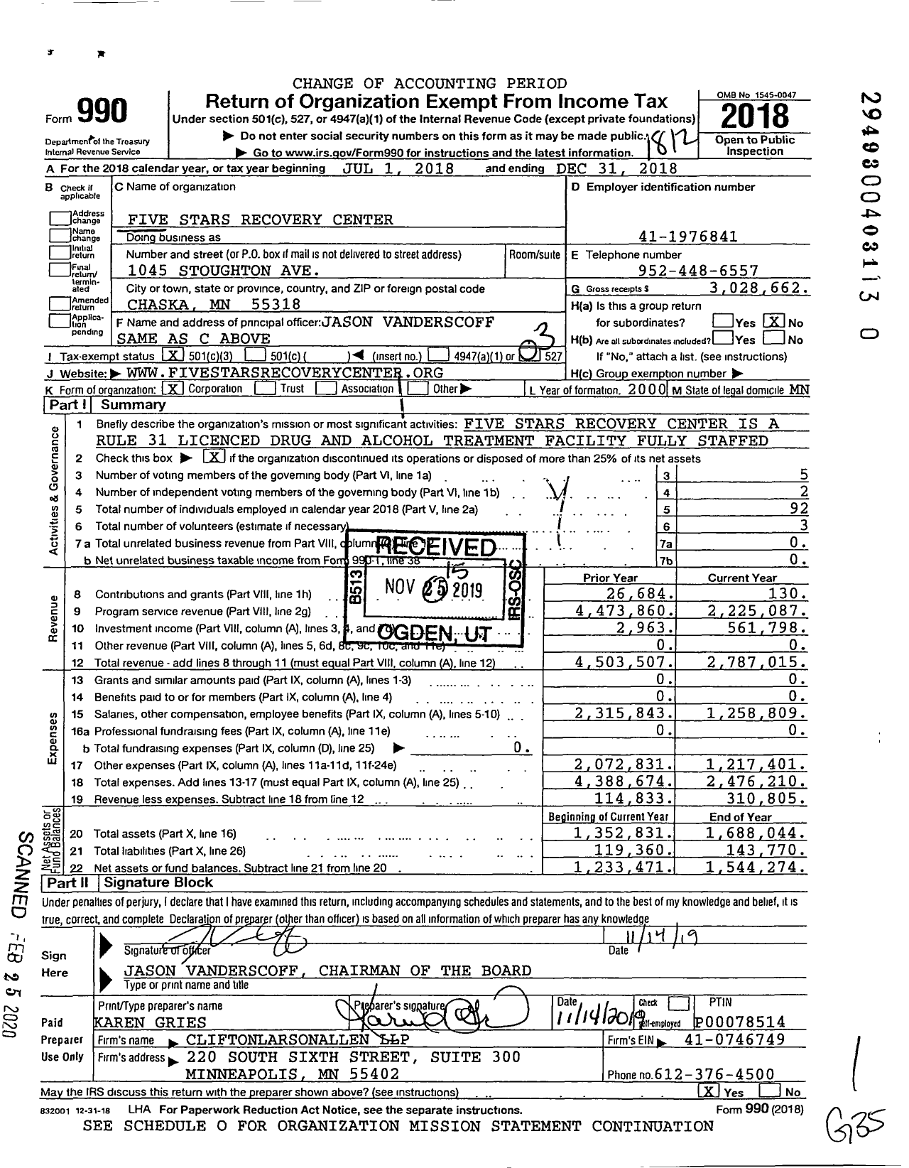 Image of first page of 2018 Form 990 for Five Stars Recovery Center