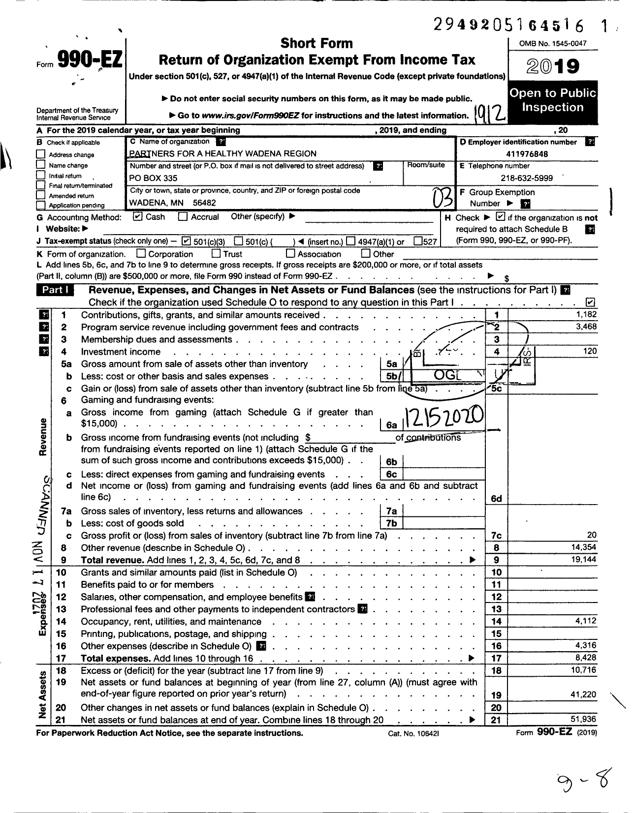 Image of first page of 2019 Form 990EZ for Partners for A Healthy Wadena Region