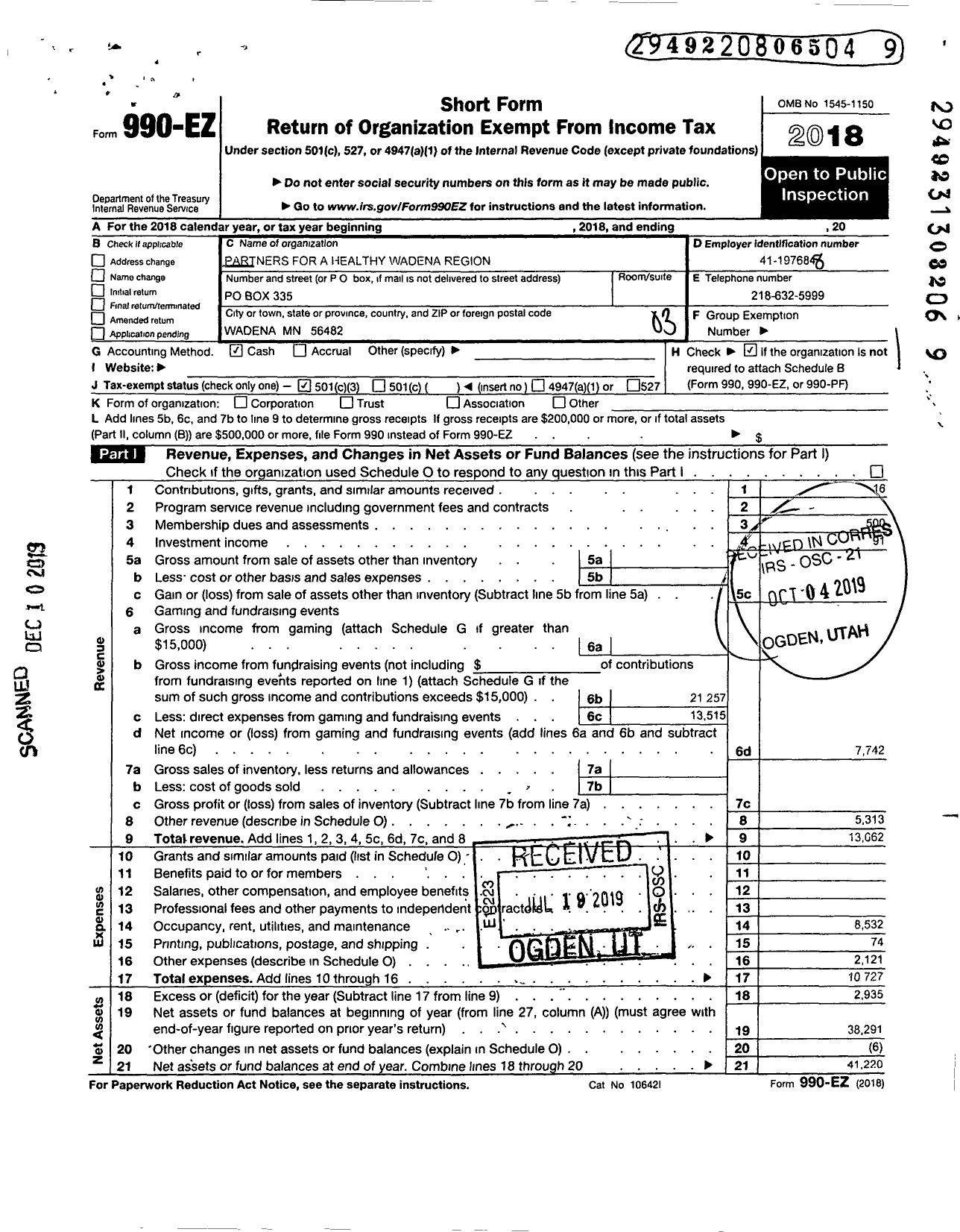 Image of first page of 2018 Form 990EZ for Partners for A Healthy Wadena Region