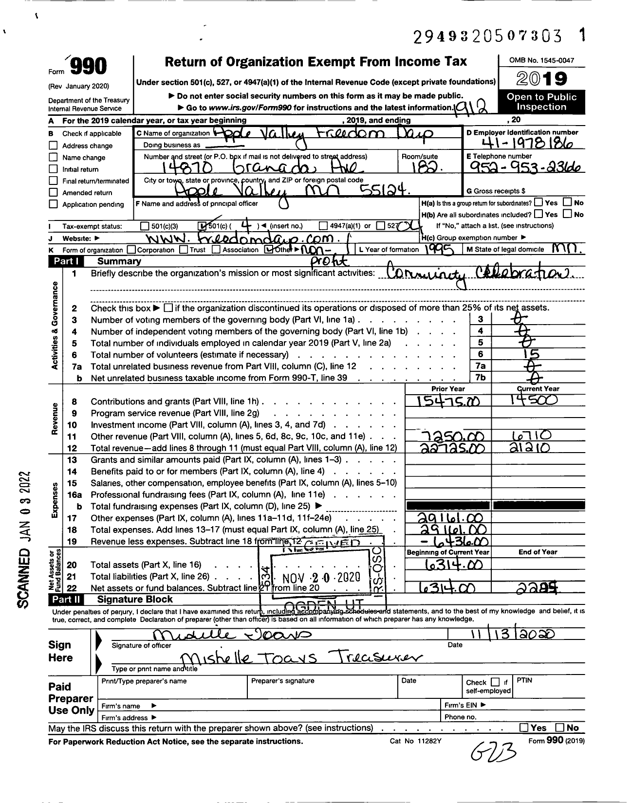 Image of first page of 2019 Form 990O for Apple Valley Freedom Days