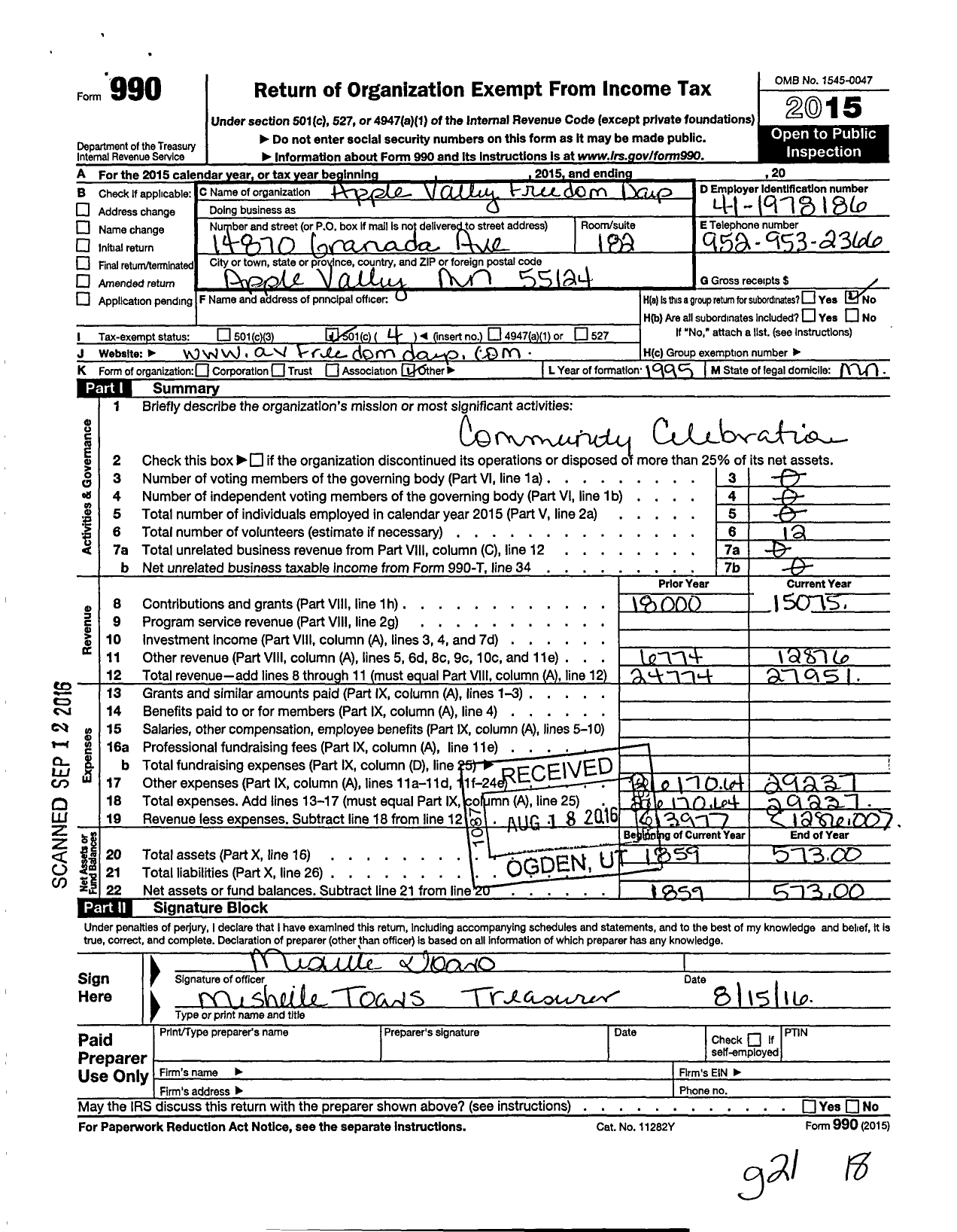 Image of first page of 2015 Form 990O for Apple Valley Freedom Days